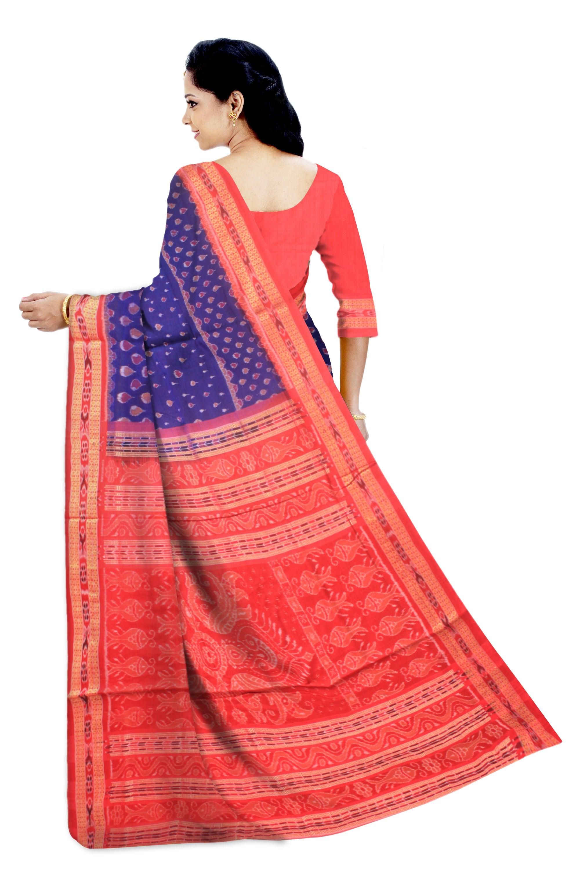 Sambalpuri Cotton Saree in Dark blue and red Color , with blouse piece. - Koshali Arts & Crafts Enterprise