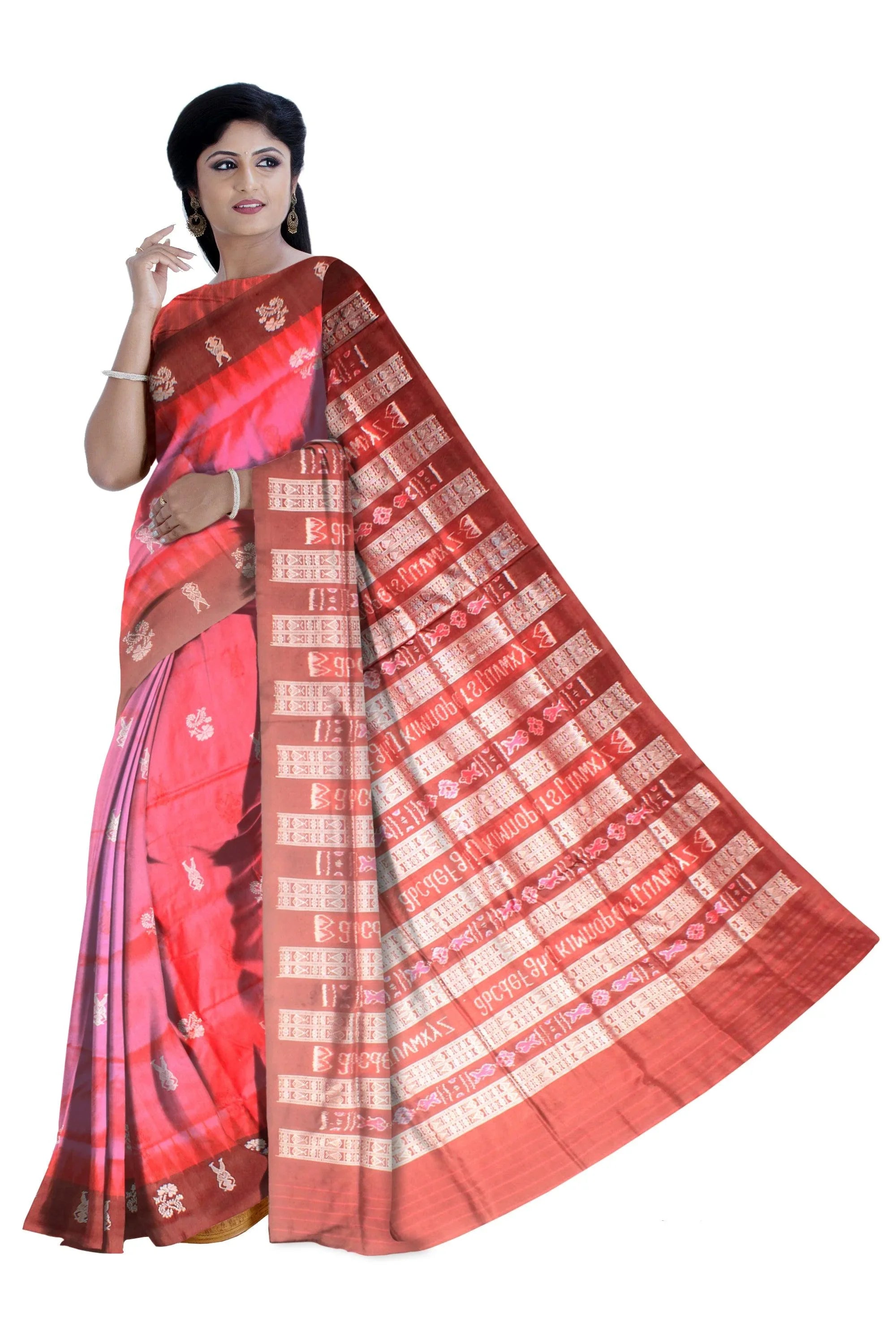 Pink color Original Silk Saree with Brown Border handloom silk sambalpuri saree - Koshali Arts & Crafts Enterprise