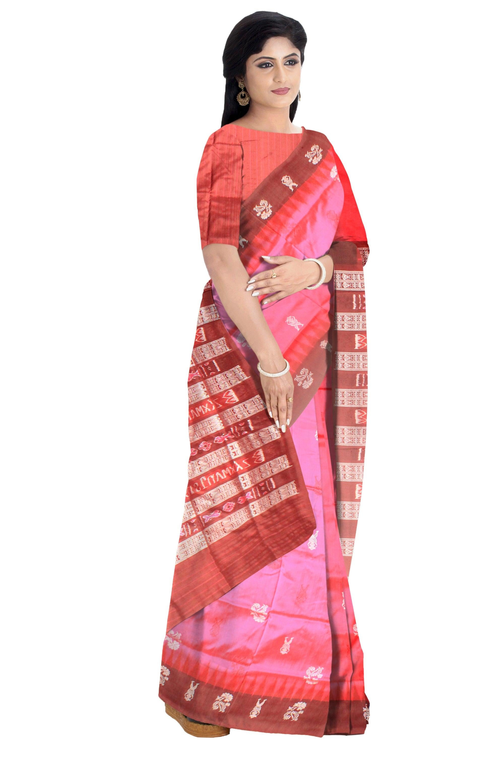 Pink color Original Silk Saree with Brown Border handloom silk sambalpuri saree - Koshali Arts & Crafts Enterprise