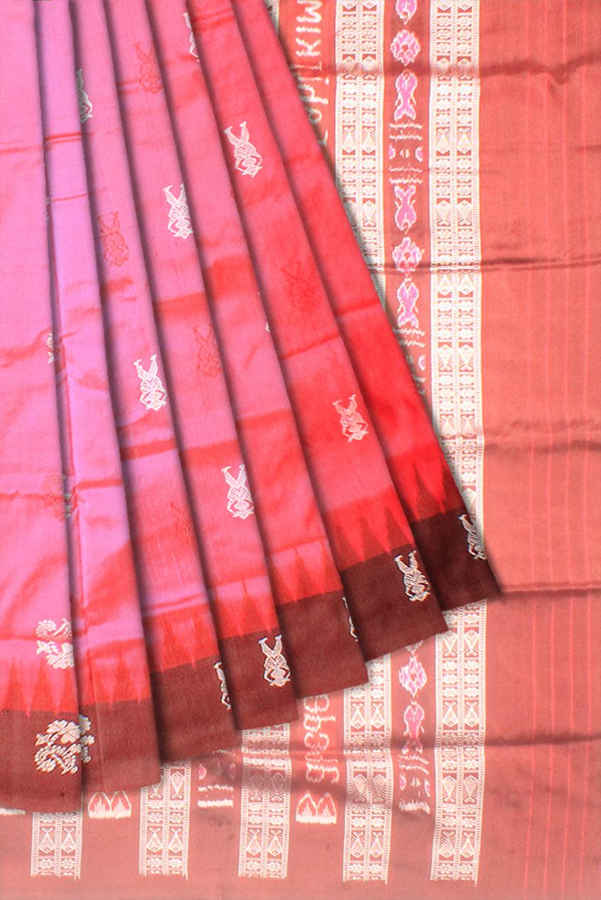Pink color Original Silk Saree with Brown Border handloom silk sambalpuri saree - Koshali Arts & Crafts Enterprise