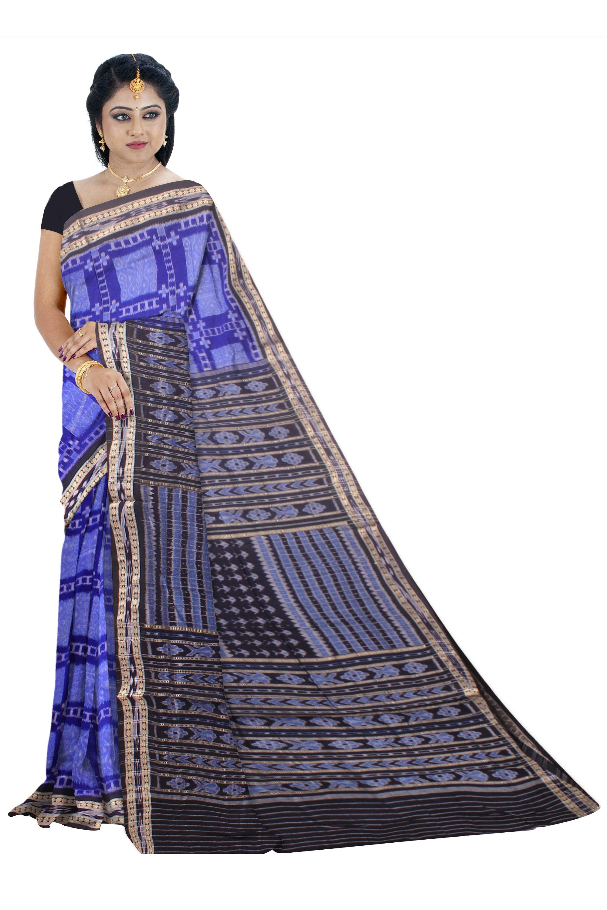 Sambalpuri Cotton Saree in Dark blue and sky Color in box design with out blouse piece. - Koshali Arts & Crafts Enterprise