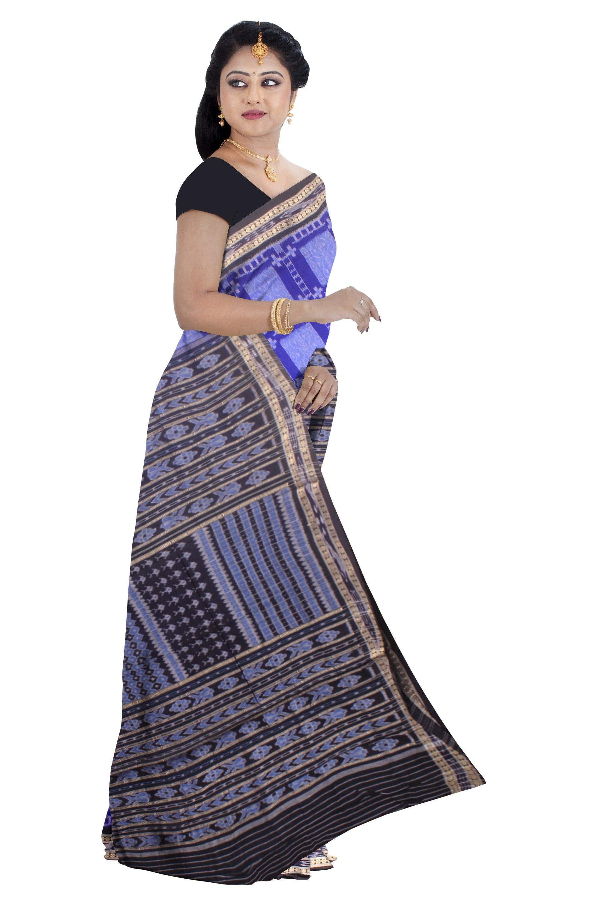 Sambalpuri Cotton Saree in Dark blue and sky Color in box design with out blouse piece. - Koshali Arts & Crafts Enterprise