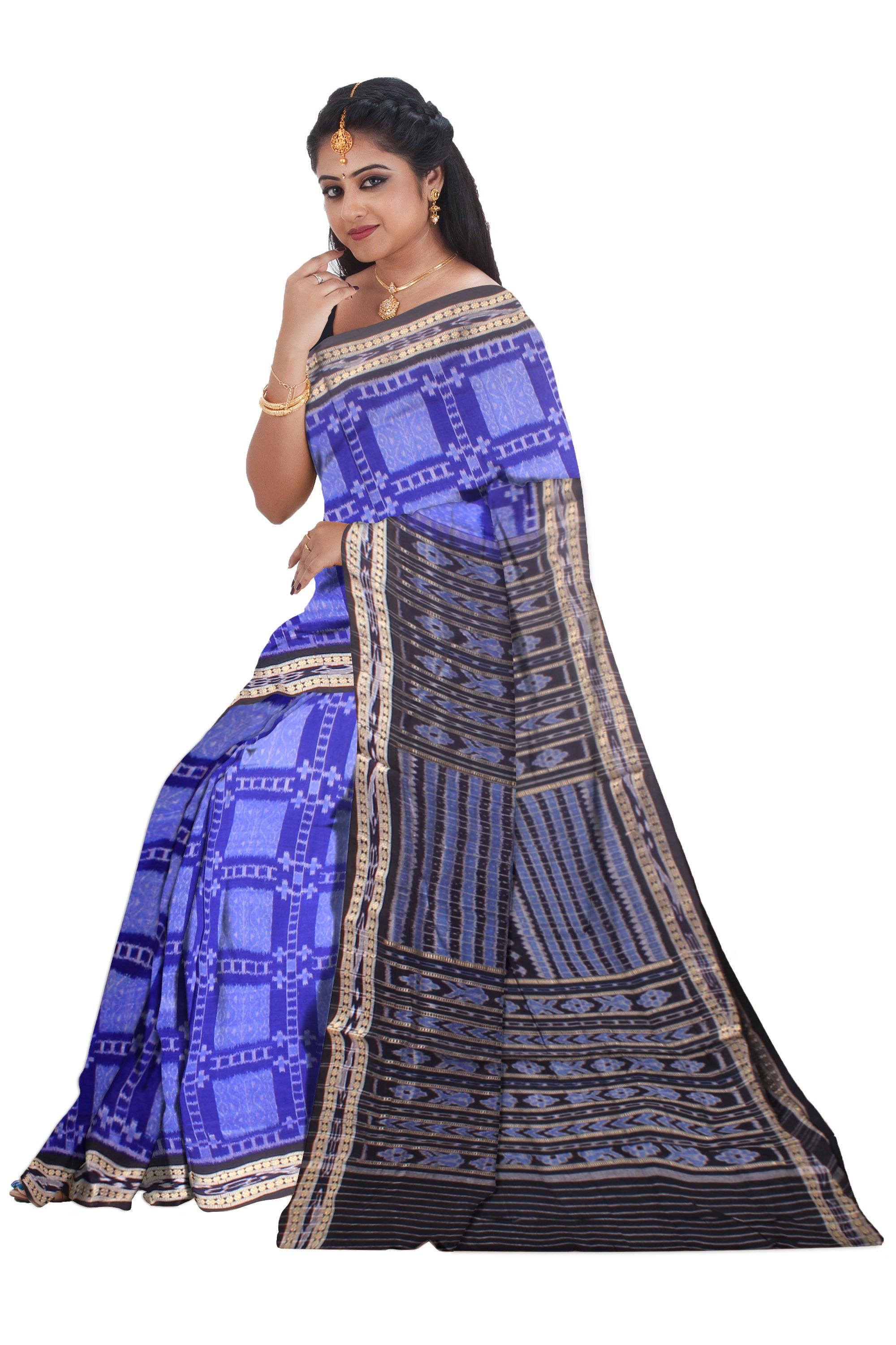 Sambalpuri Cotton Saree in Dark blue and sky Color in box design with out blouse piece. - Koshali Arts & Crafts Enterprise