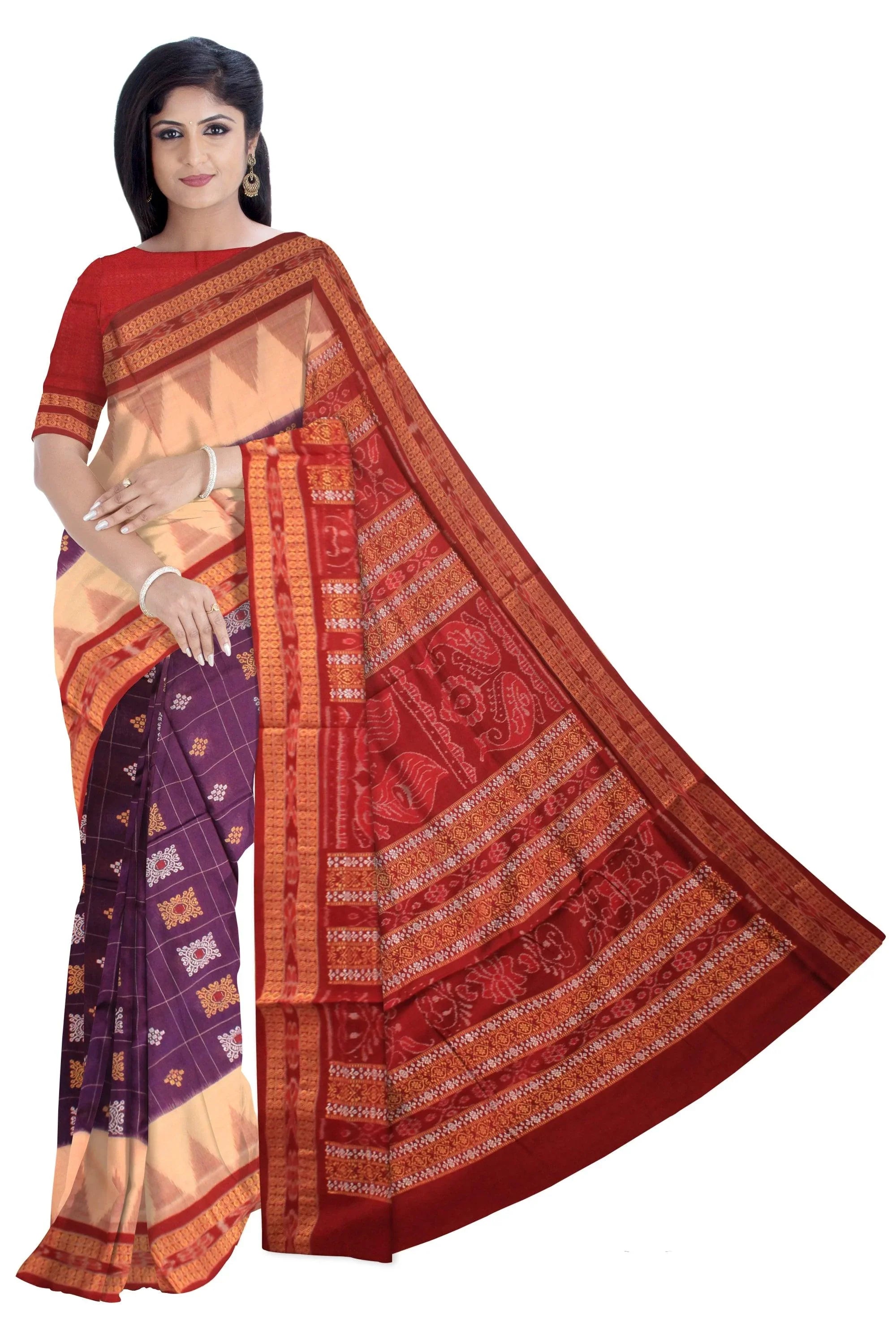 Auhentic Sambalpuri cotton saree with peacock mark in red and deep magenta. - Koshali Arts & Crafts Enterprise