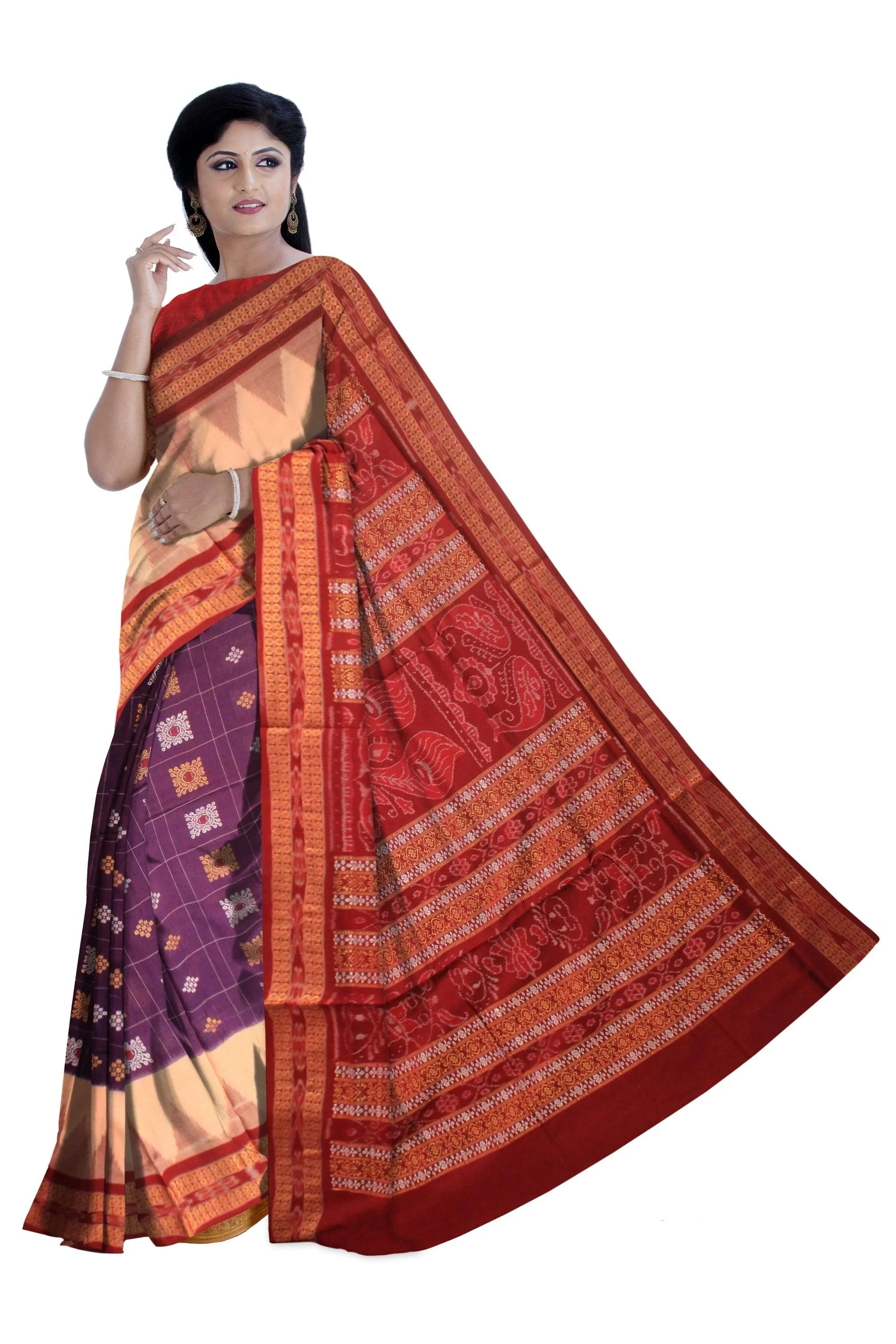 Auhentic Sambalpuri cotton saree with peacock mark in red and deep magenta. - Koshali Arts & Crafts Enterprise
