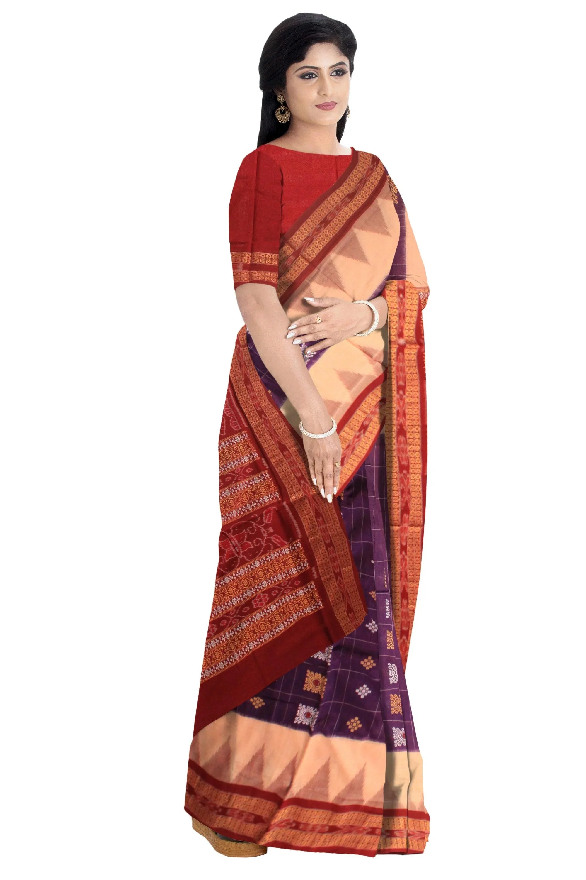 Auhentic Sambalpuri cotton saree with peacock mark in red and deep magenta. - Koshali Arts & Crafts Enterprise