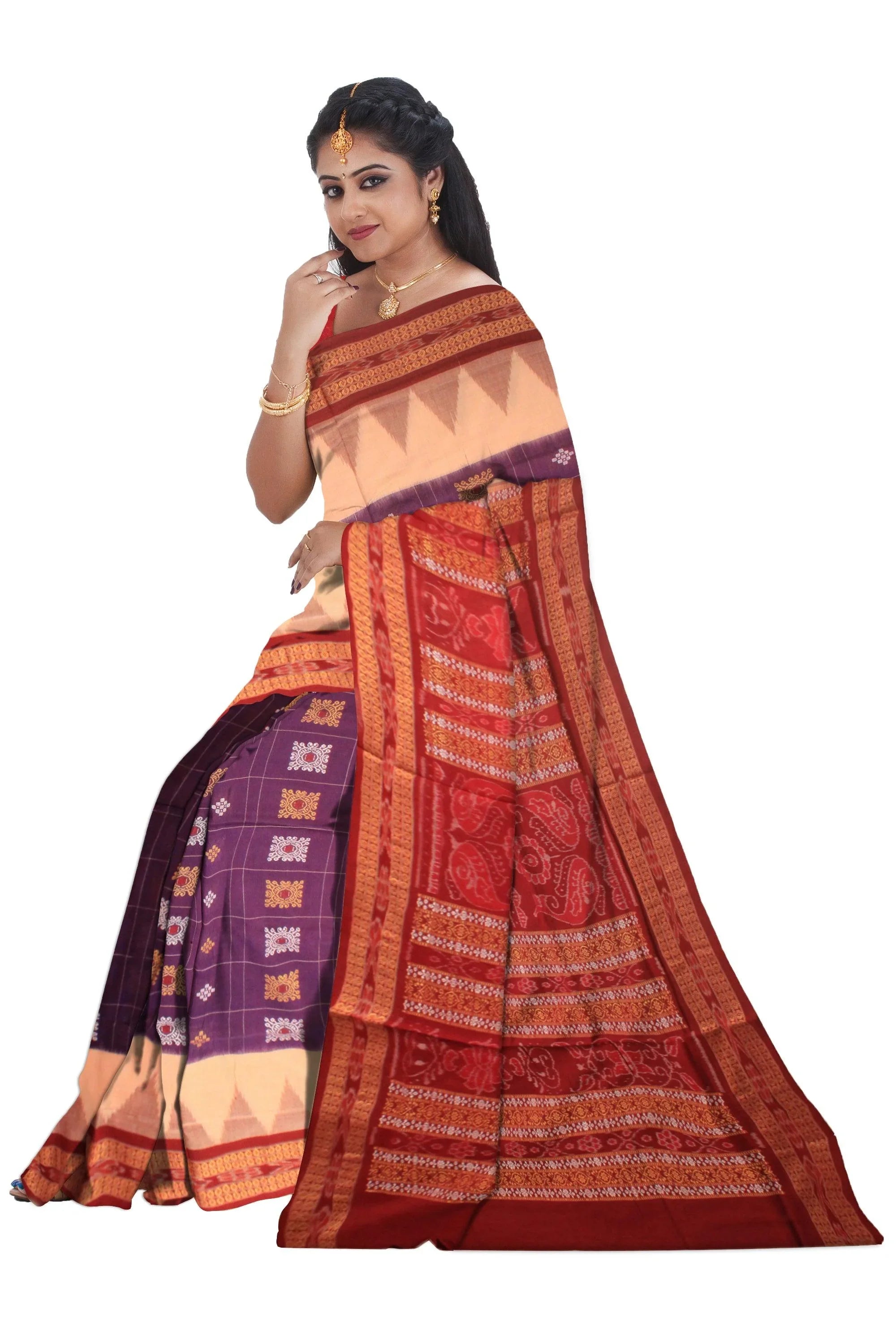 Auhentic Sambalpuri cotton saree with peacock mark in red and deep magenta. - Koshali Arts & Crafts Enterprise