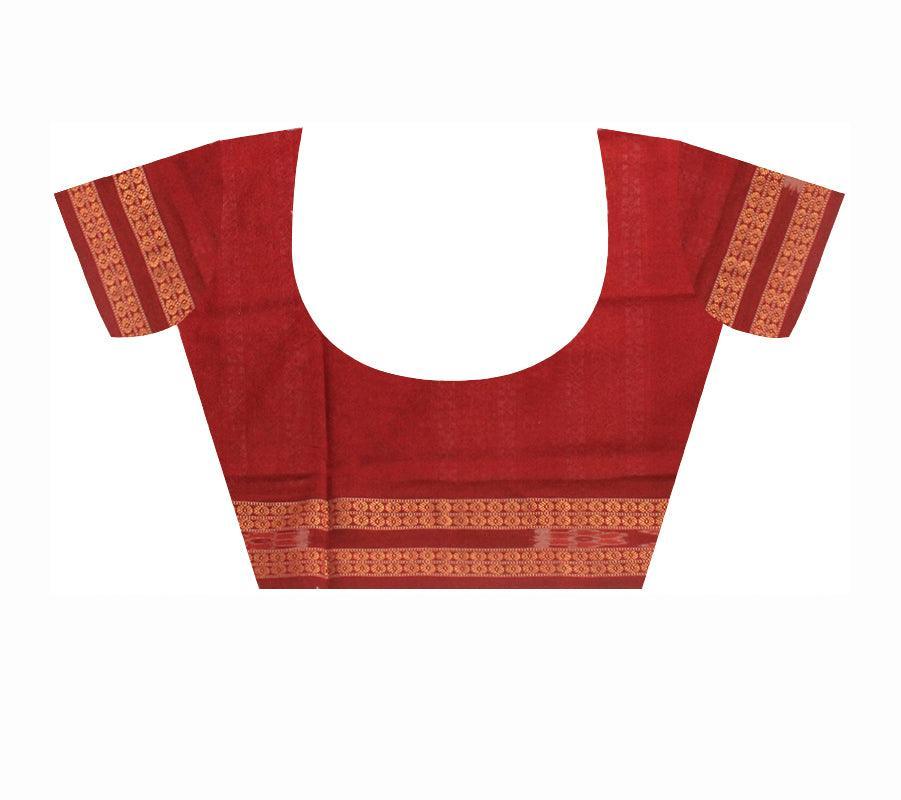 Auhentic Sambalpuri cotton saree with peacock mark in red and deep magenta. - Koshali Arts & Crafts Enterprise