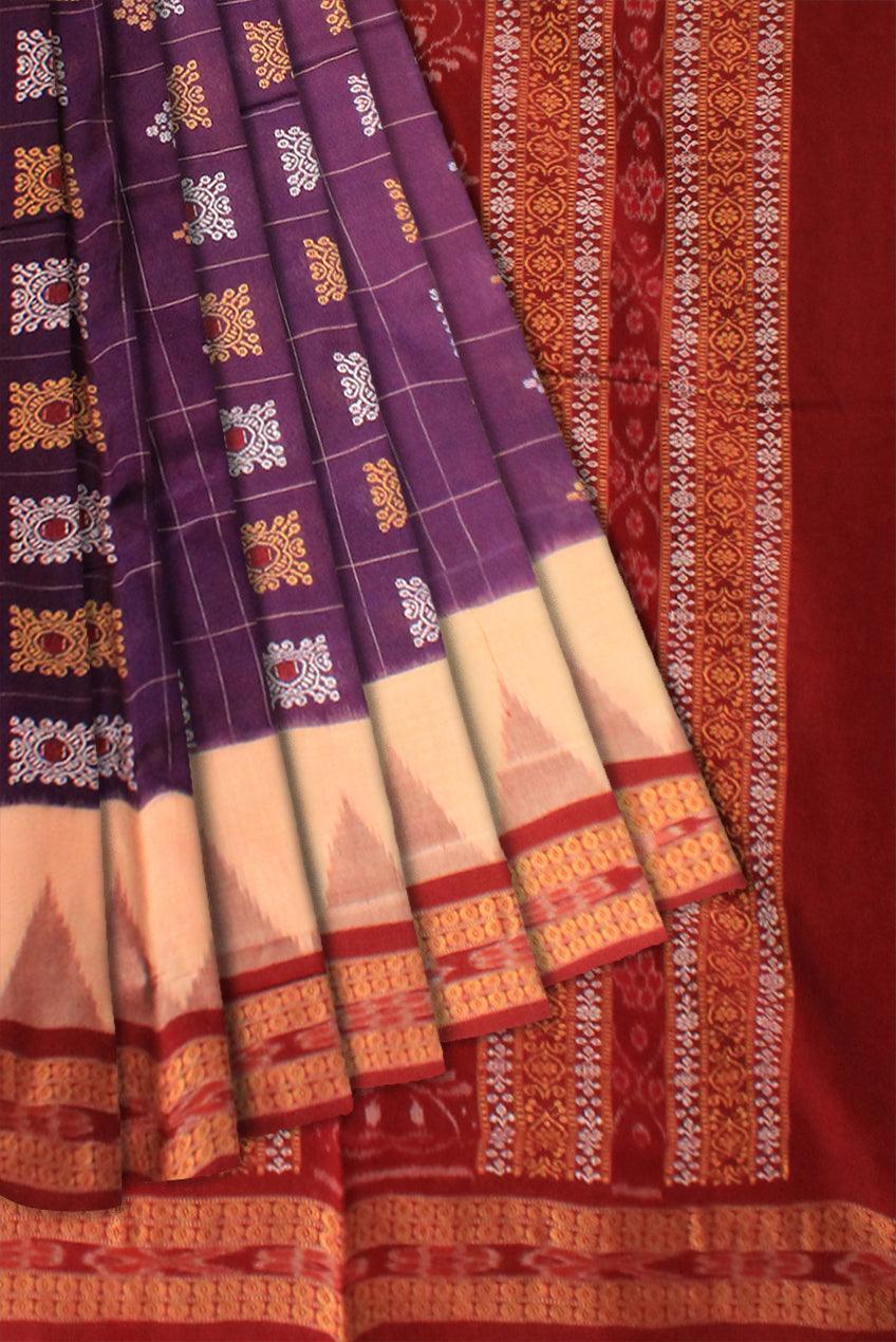 Auhentic Sambalpuri cotton saree with peacock mark in red and deep magenta. - Koshali Arts & Crafts Enterprise
