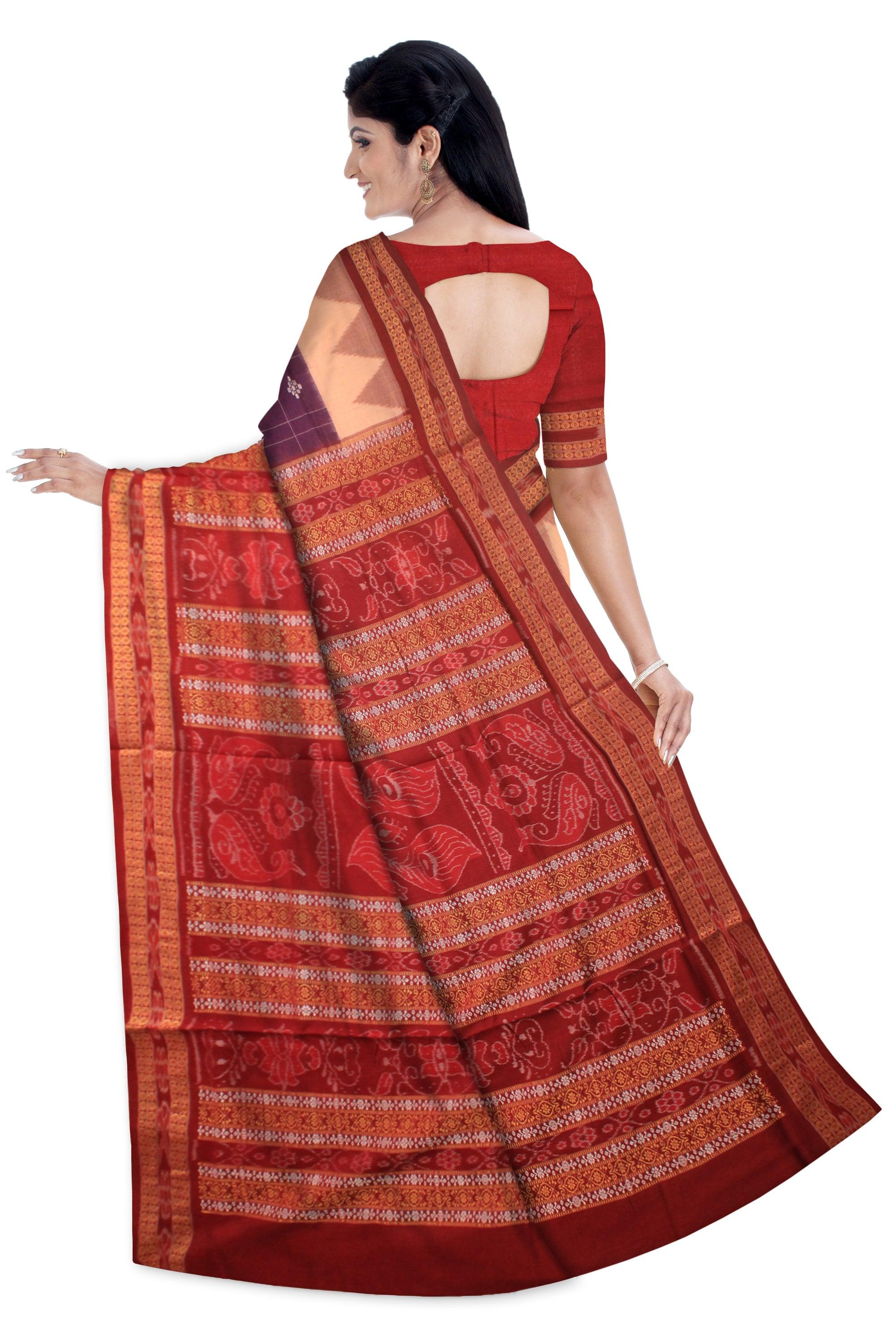 AUHENTIC SAMBALPURI COTTON SAREE  WITH PEACOCK MARK IN  RED AND DEEP MAGENTA WITH BLOUSE PIECE , - Koshali Arts & Crafts Enterprise