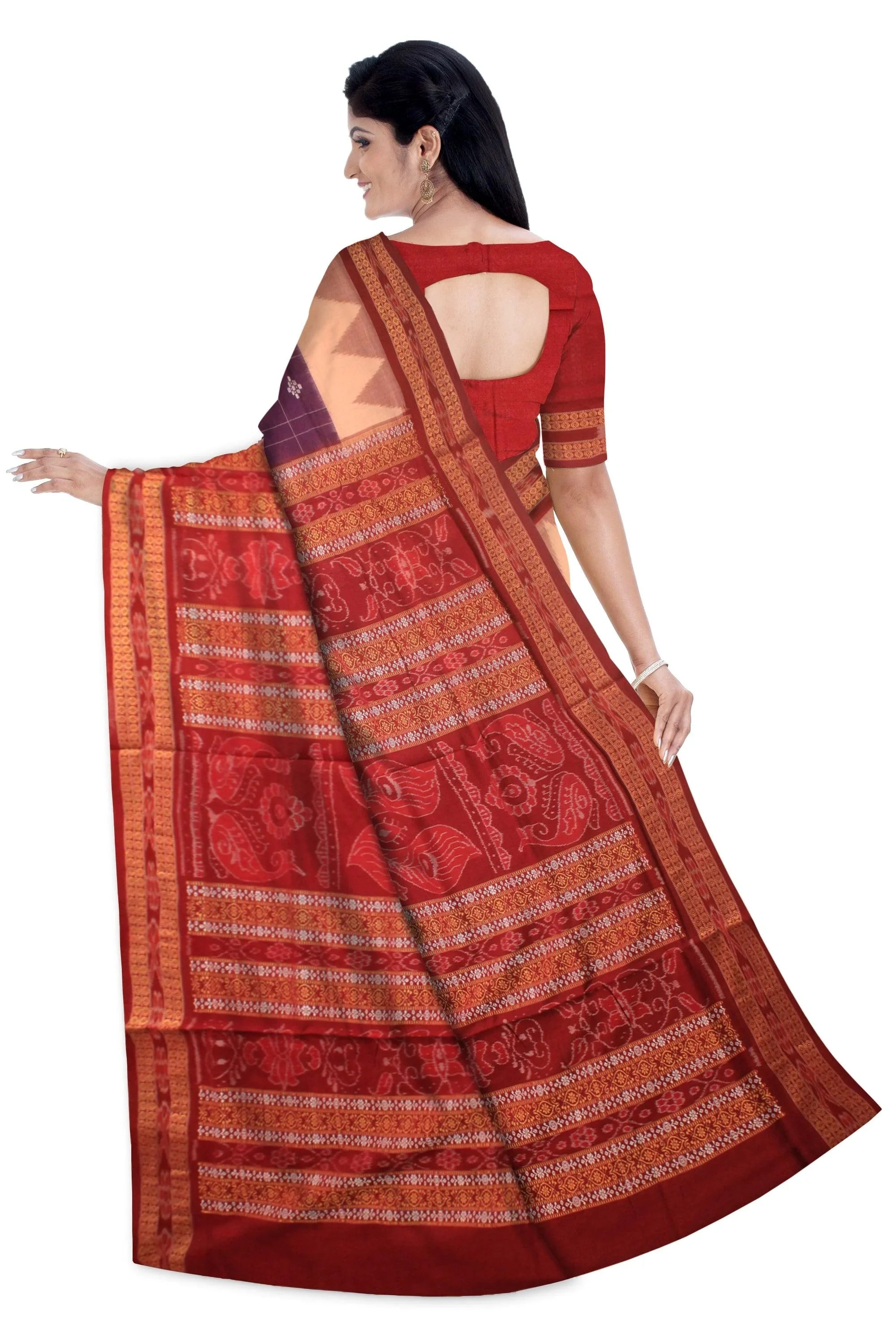 Auhentic Sambalpuri cotton saree with peacock mark in red and deep magenta. - Koshali Arts & Crafts Enterprise