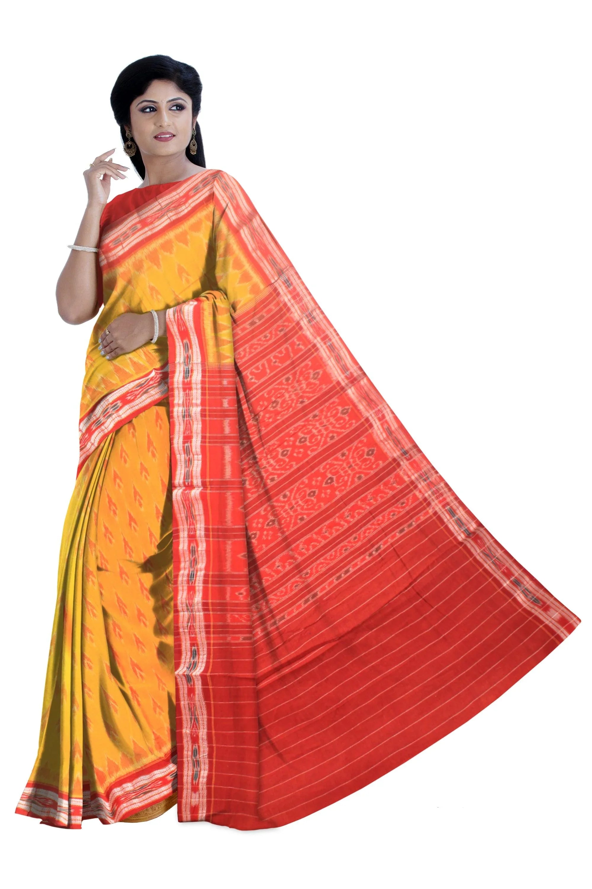 Yellow color Sambalpuri saree in terakota design cotton saree with blouse piece. - Koshali Arts & Crafts Enterprise
