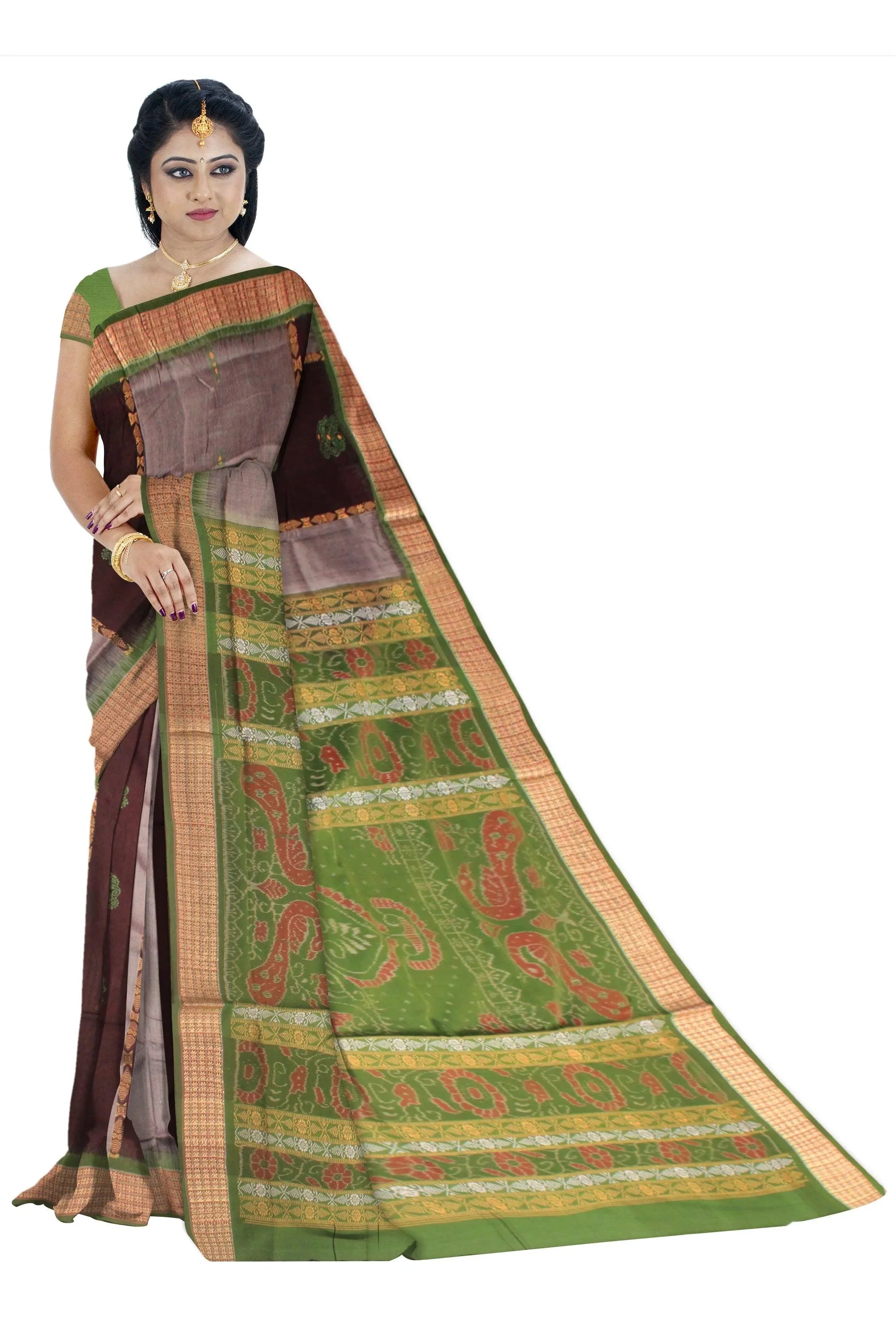 A sambalpuri cotton saree in light green color and gray color base - Koshali Arts & Crafts Enterprise