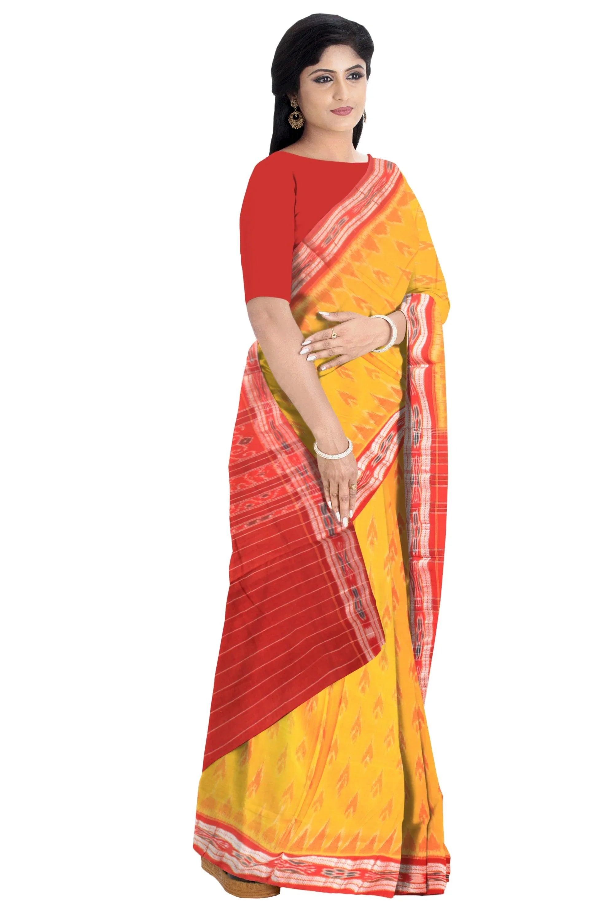 Sambalpuri Cotton saree in Yellow and Red color - Koshali Arts & Crafts Enterprise
