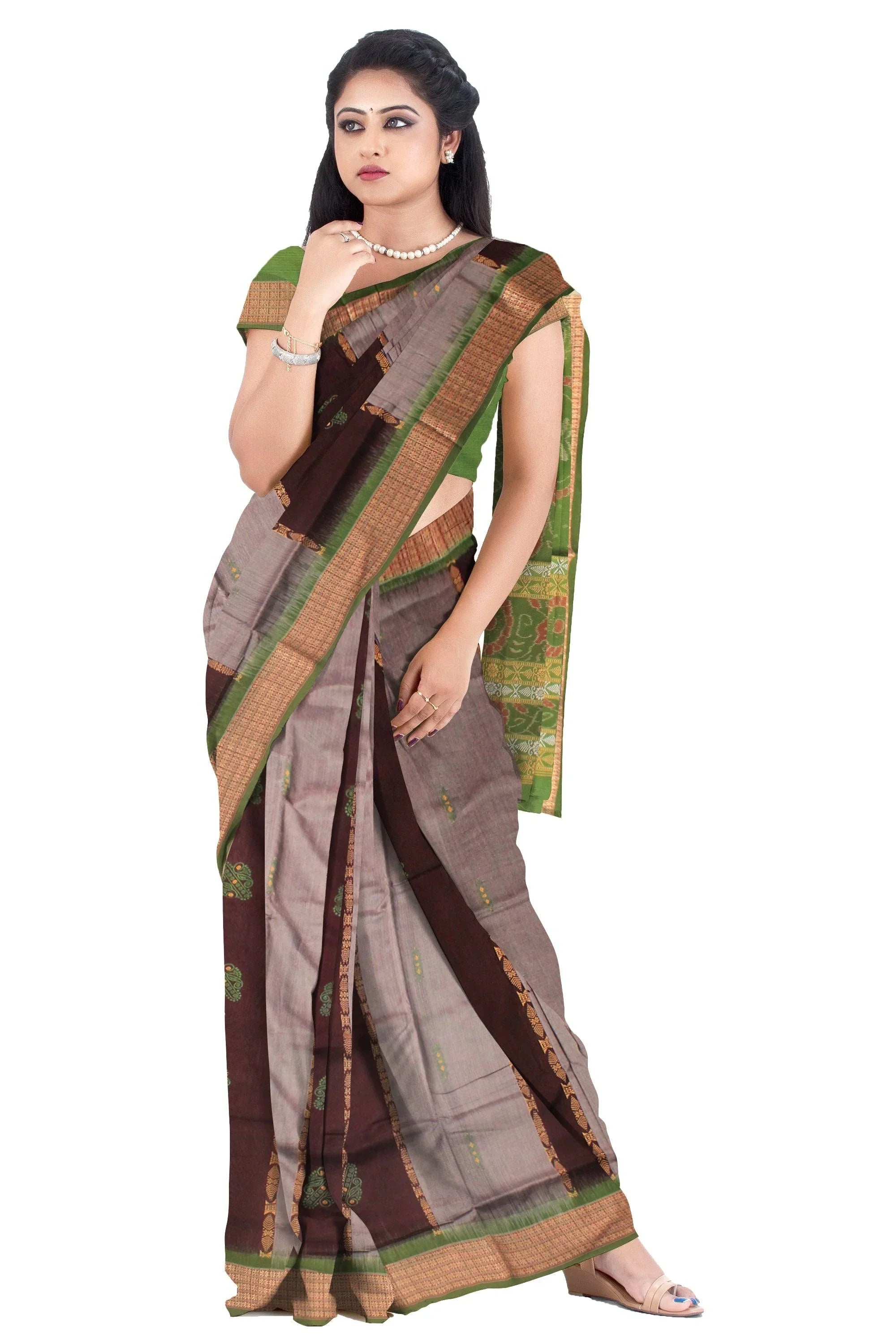 A sambalpuri cotton saree in light green color and gray color base - Koshali Arts & Crafts Enterprise