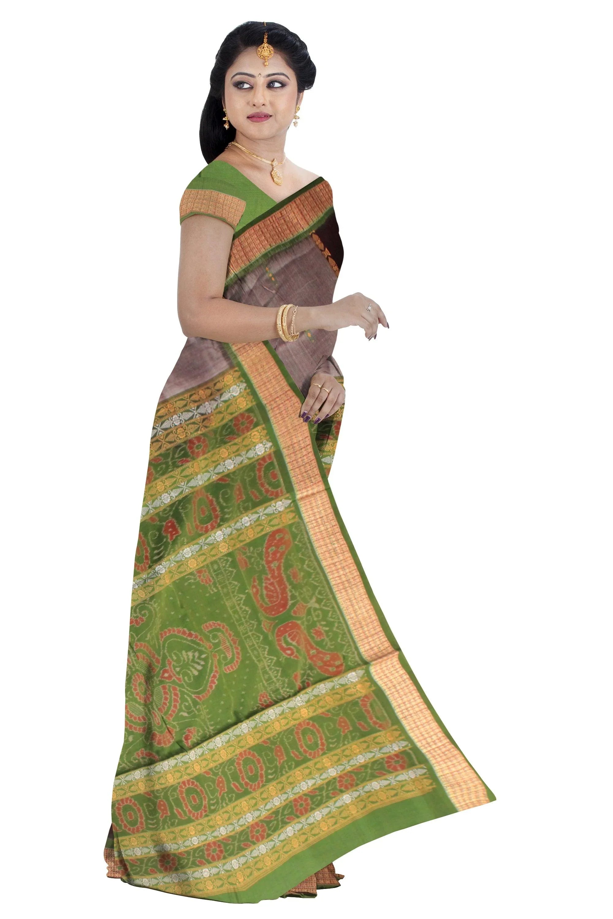 A sambalpuri cotton saree in light green color and gray color base - Koshali Arts & Crafts Enterprise