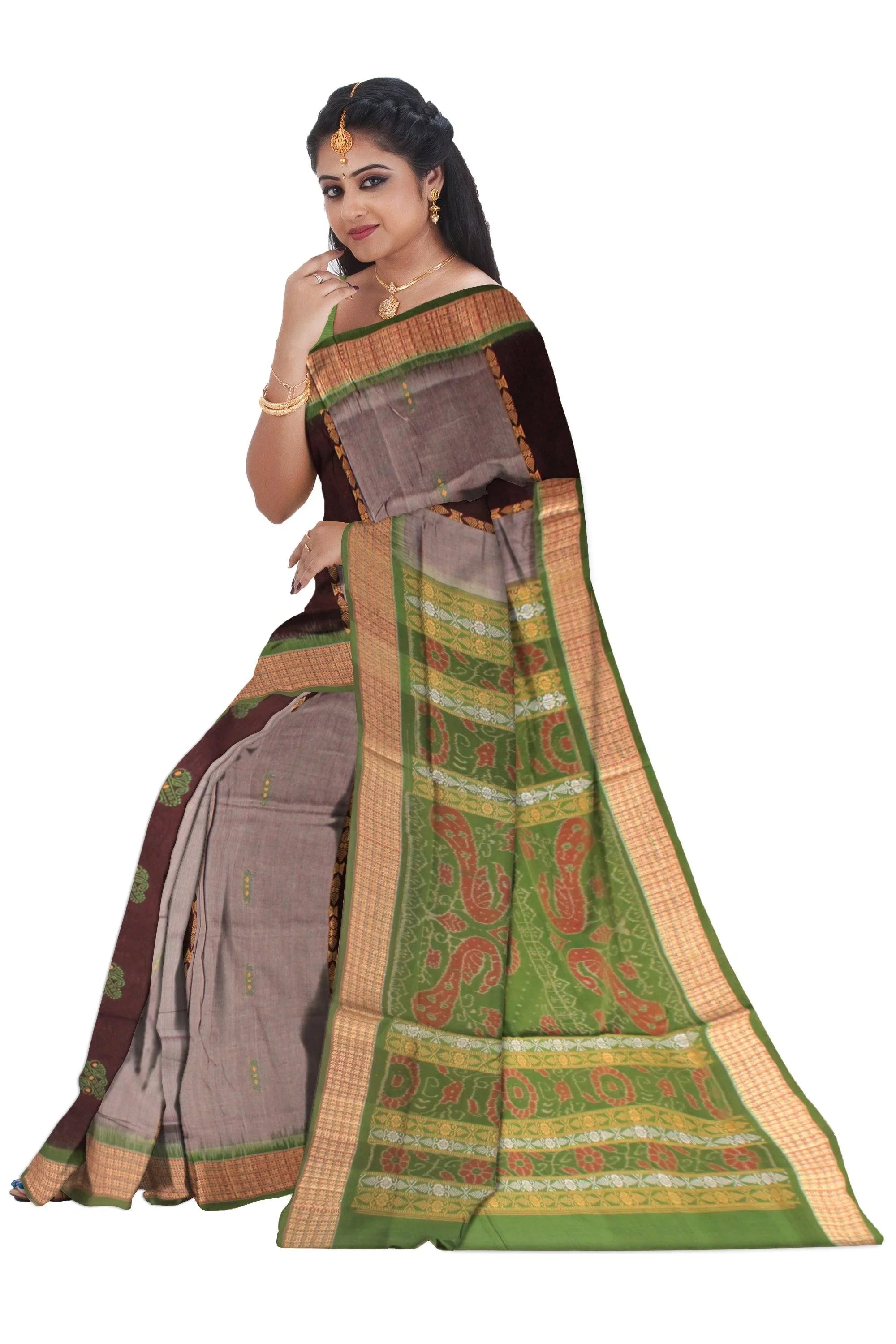 A sambalpuri cotton saree in light green color and gray color base - Koshali Arts & Crafts Enterprise