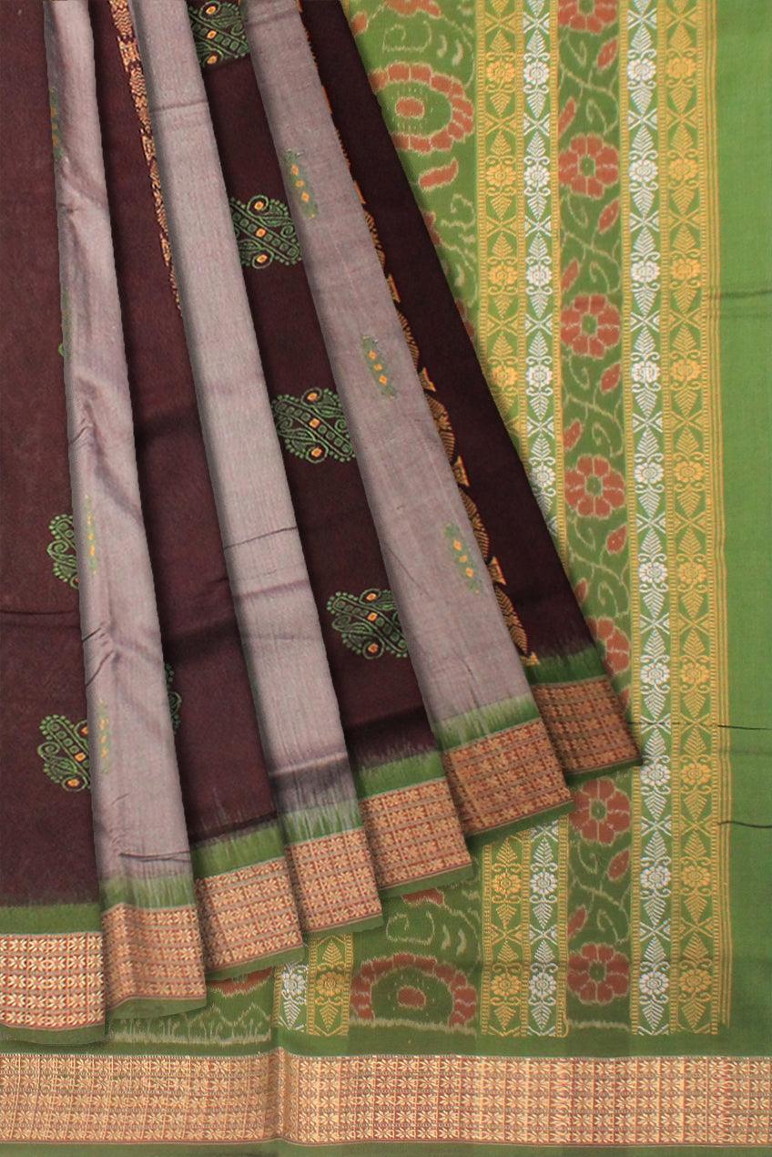 A sambalpuri cotton saree in light green color and gray color base - Koshali Arts & Crafts Enterprise