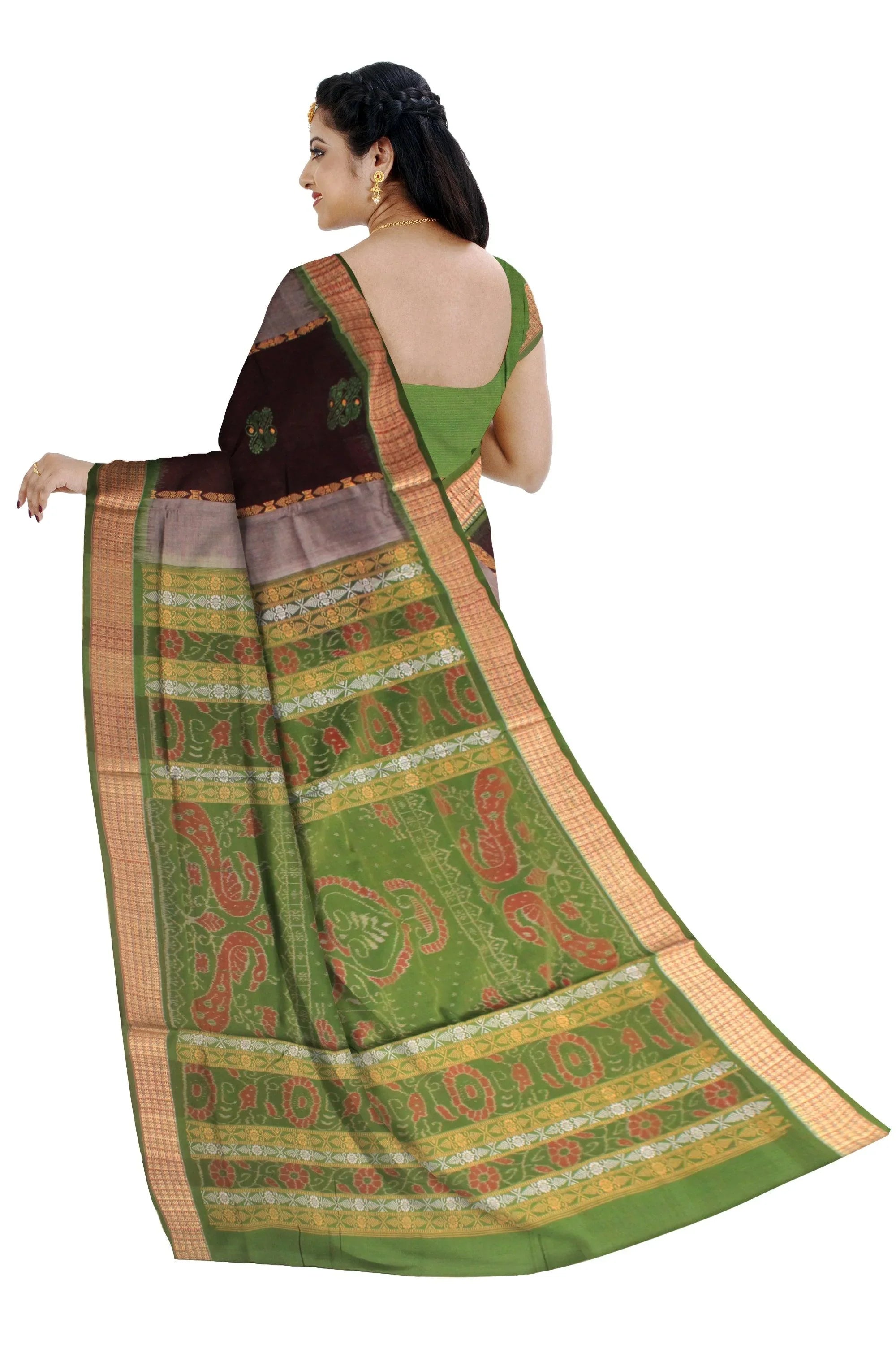 A sambalpuri cotton saree in light green color and gray color base - Koshali Arts & Crafts Enterprise