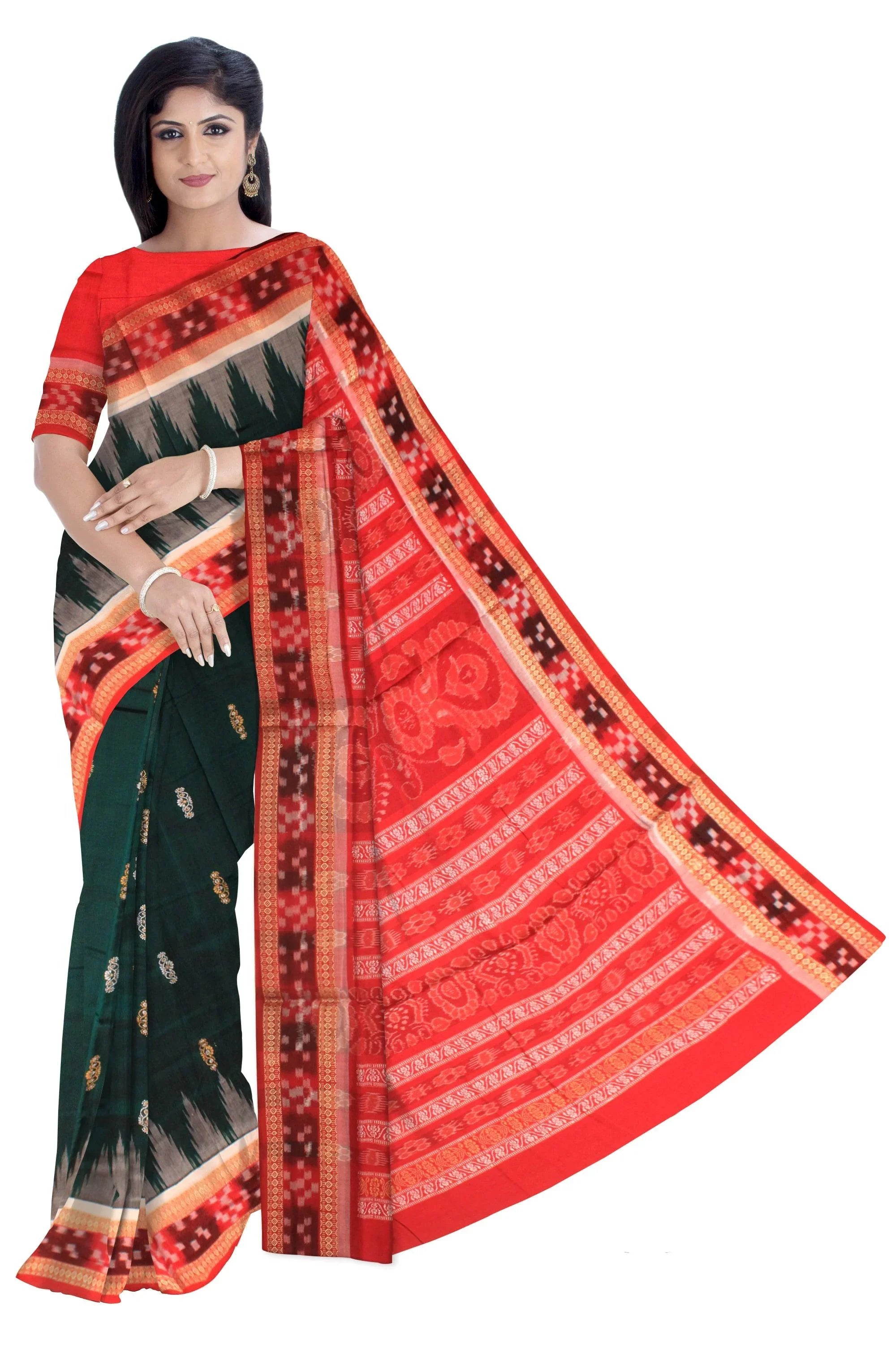 A sambalpuri cotton saree in dark green and red color dhadisapta design. - Koshali Arts & Crafts Enterprise