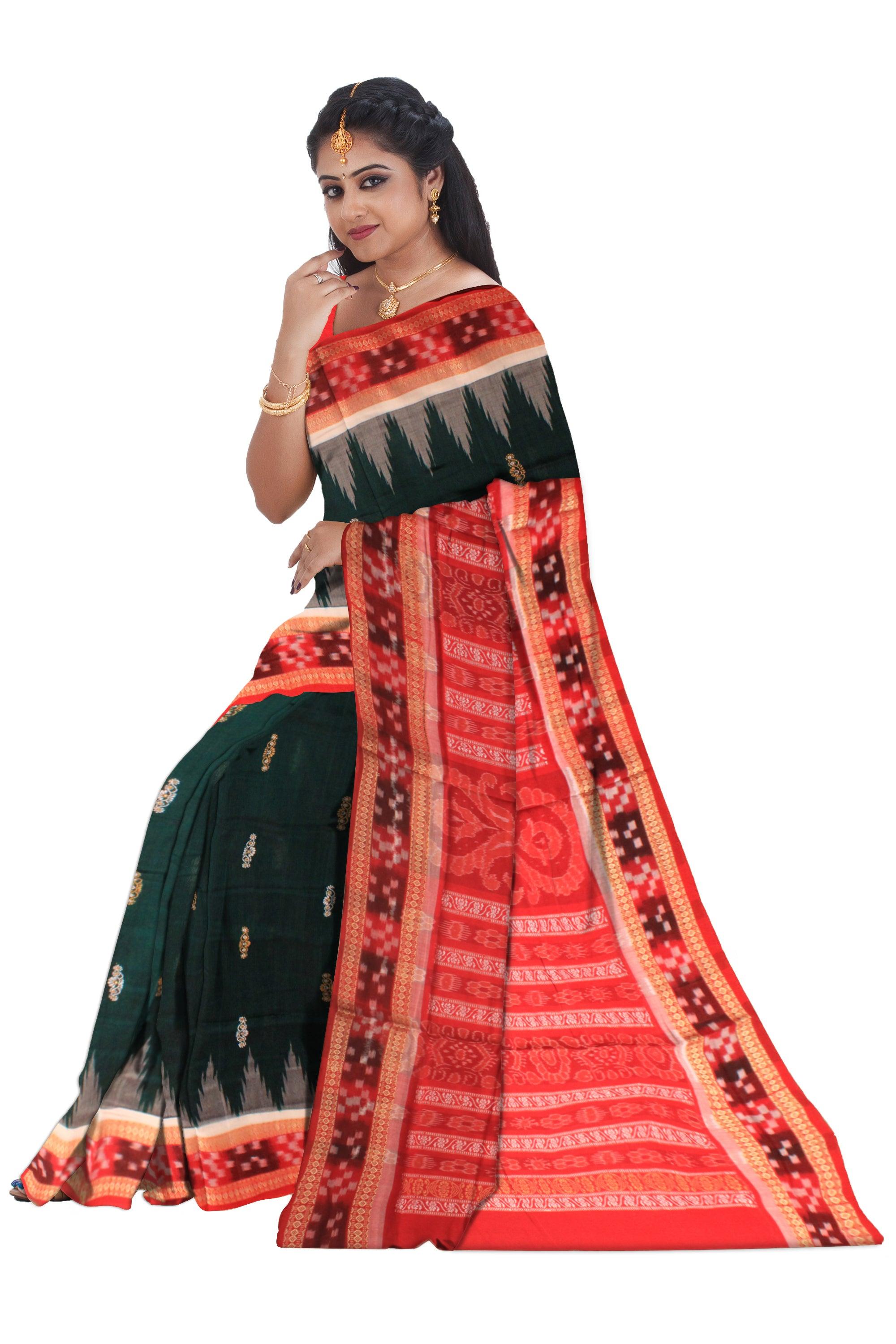 A SAMBALPURI COTTON SAREE IN DARK GREEN AND RED COLOR DHADISAPTA DESIGN,WITH BLOUSE PIECE. - Koshali Arts & Crafts Enterprise