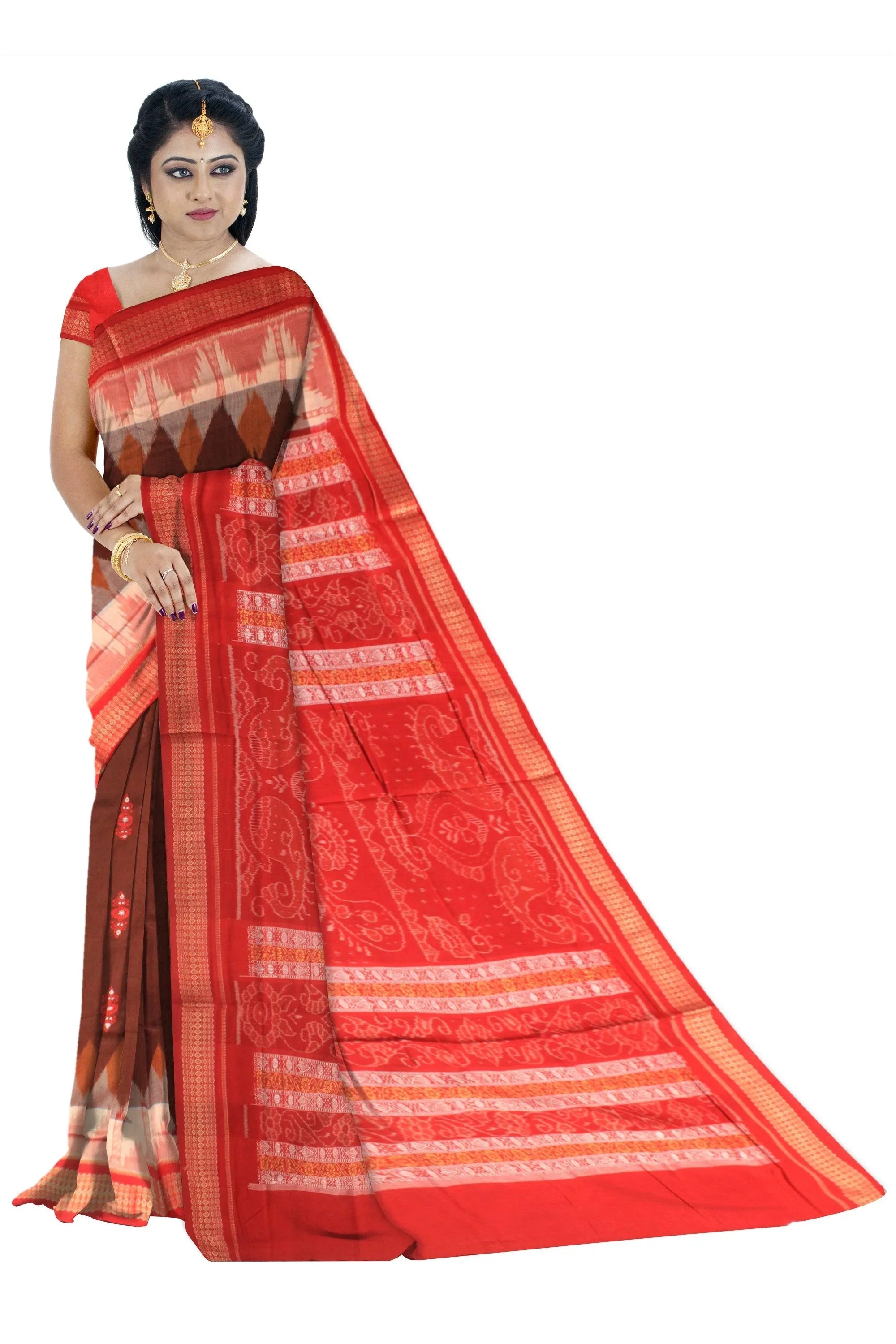 Cotton saree with flora print in brown and red. - Koshali Arts & Crafts Enterprise