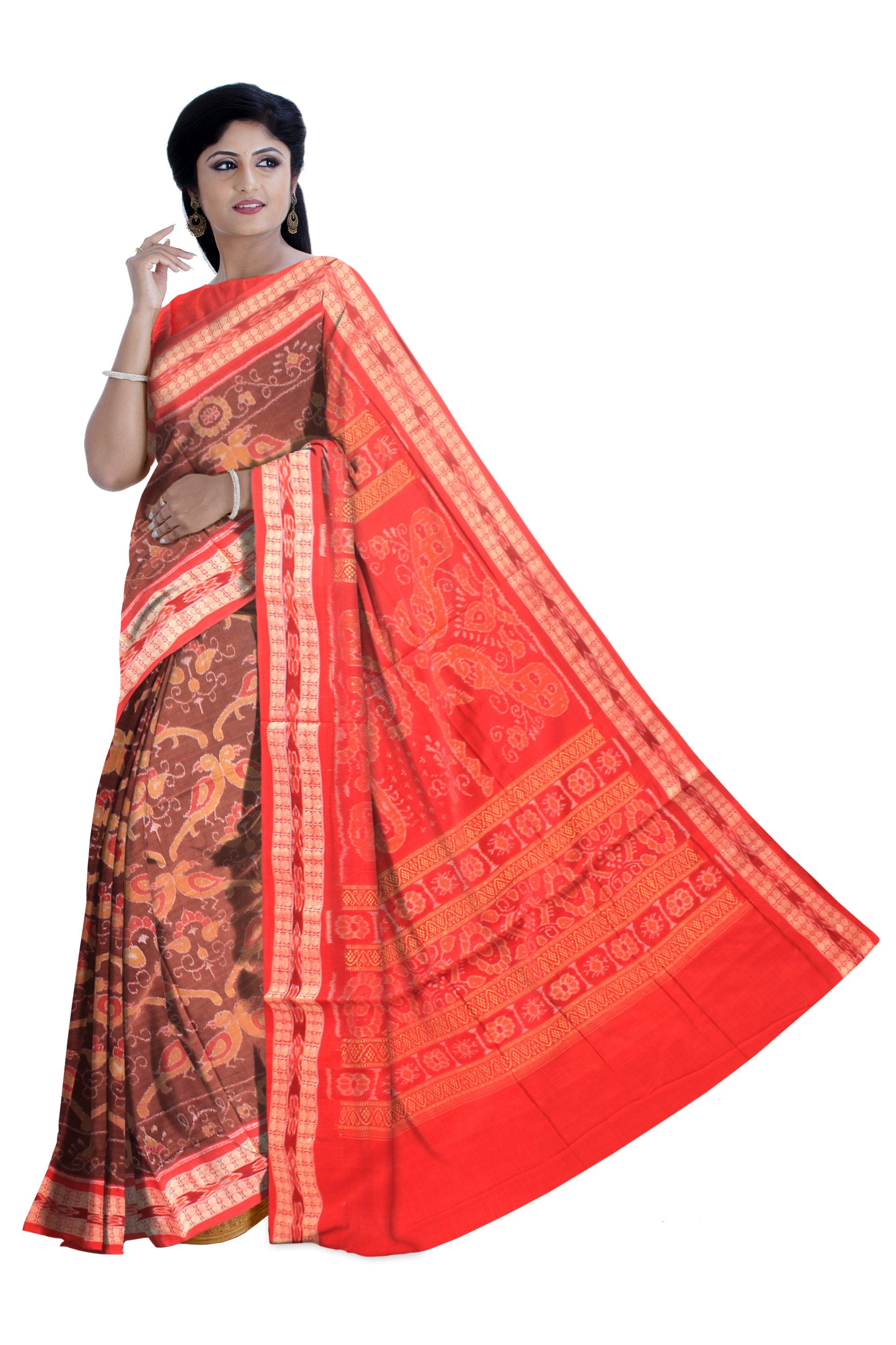 Authentic Cotton  saree in Brown and Red color, peacock design   With blouse piece. - Koshali Arts & Crafts Enterprise