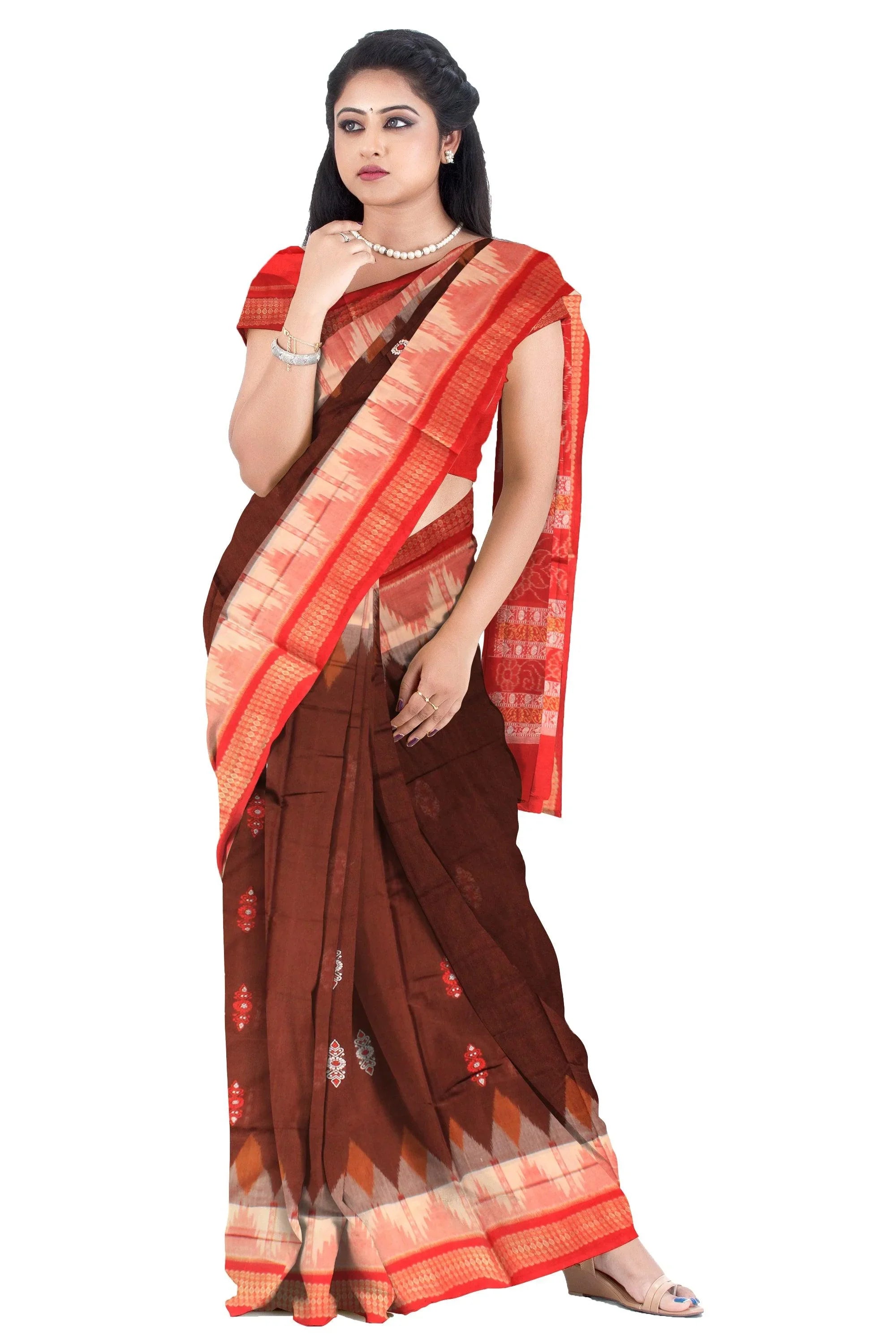 Cotton saree with flora print in brown and red. - Koshali Arts & Crafts Enterprise