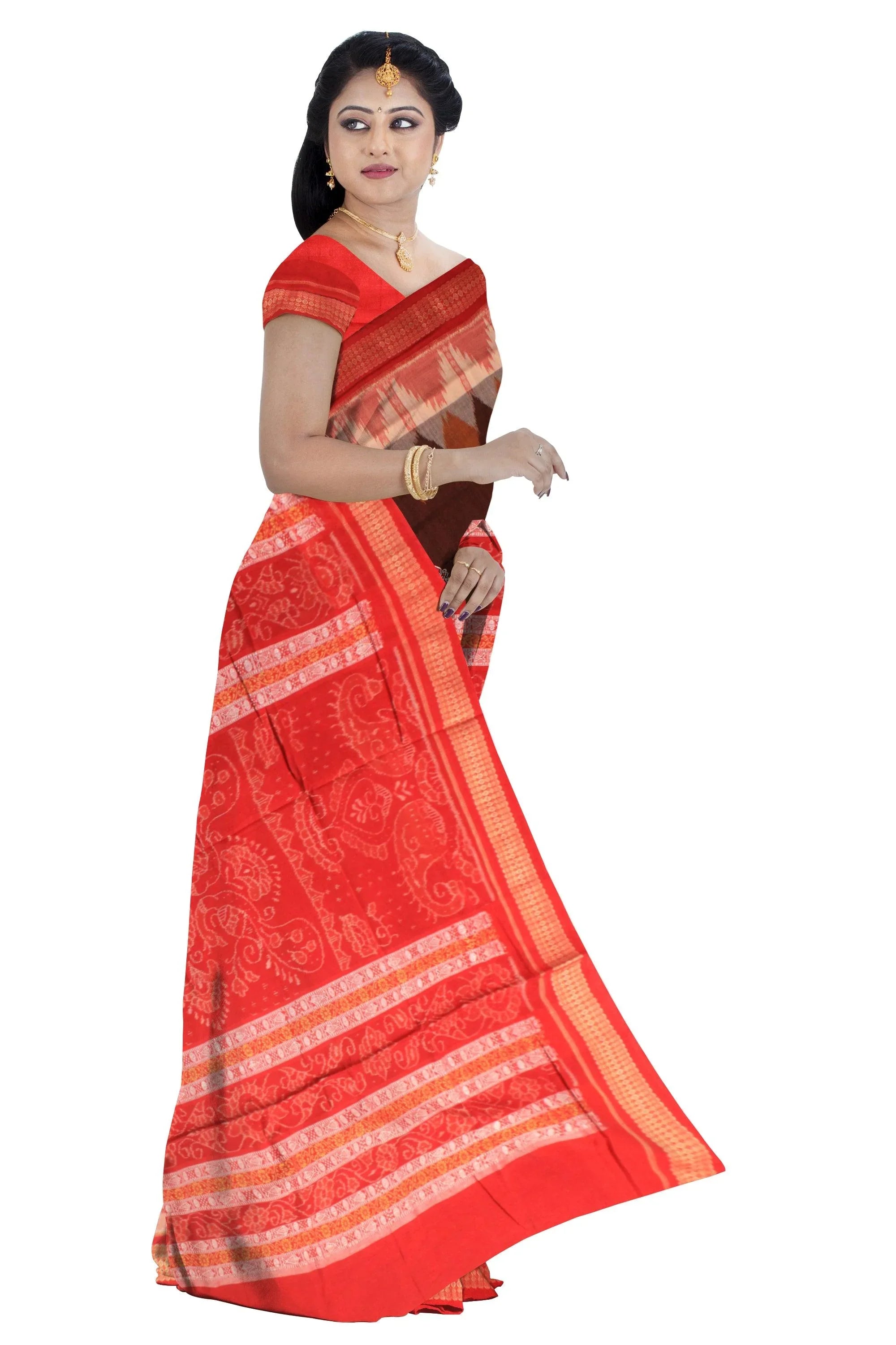 Cotton saree with flora print in brown and red. - Koshali Arts & Crafts Enterprise