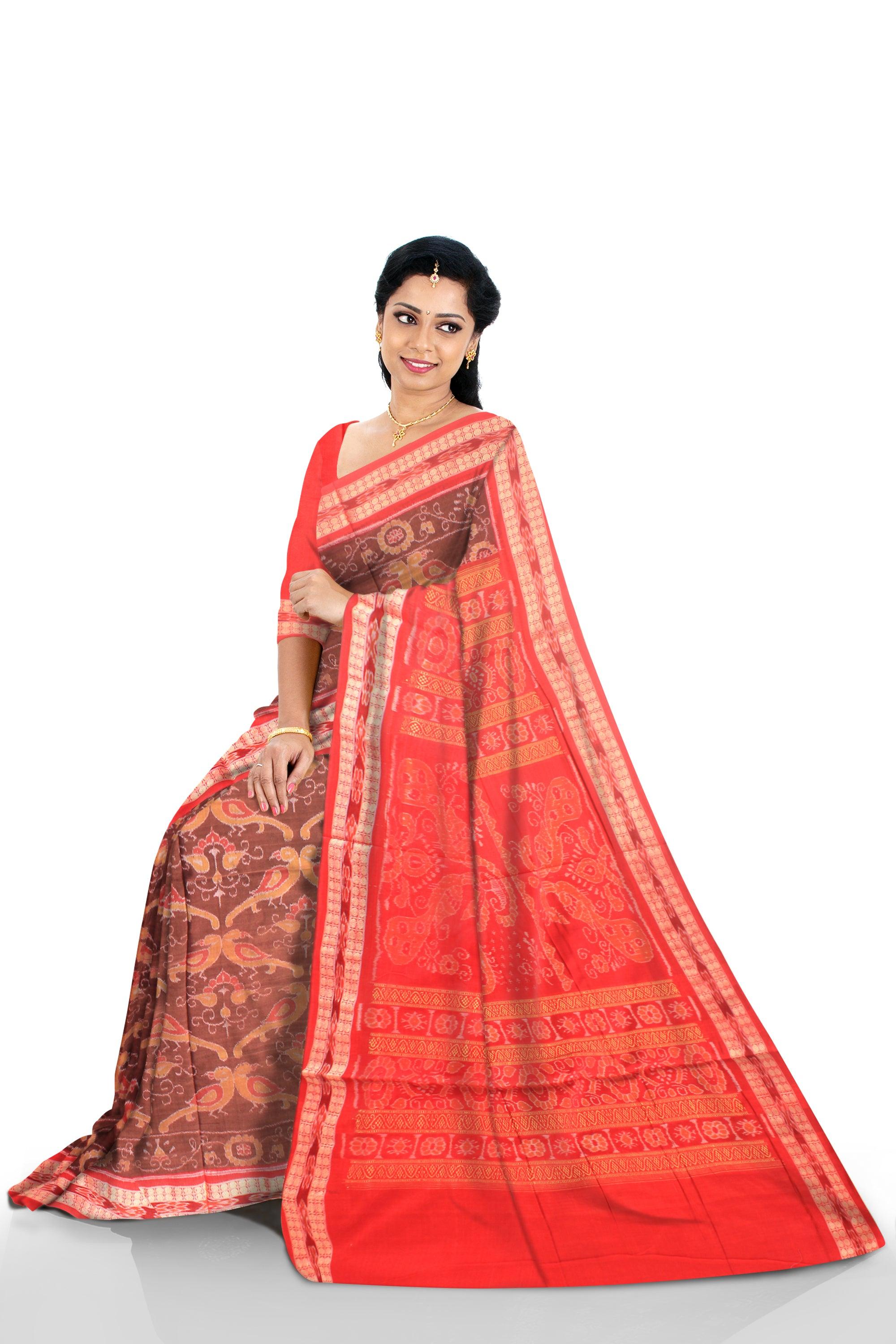 Authentic Cotton saree in Brown and Red color, peacock design With blouse piece. - Koshali Arts & Crafts Enterprise