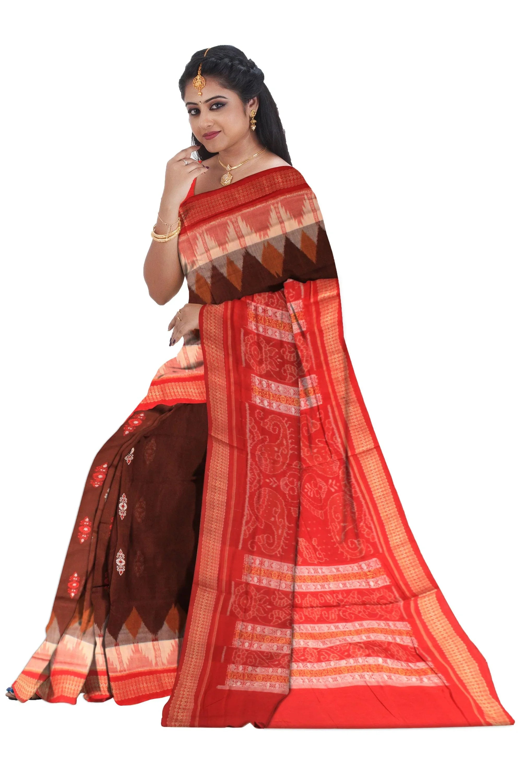 Cotton saree with flora print in brown and red. - Koshali Arts & Crafts Enterprise