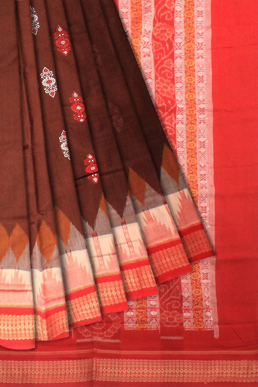 Cotton saree with flora print in brown and red. - Koshali Arts & Crafts Enterprise