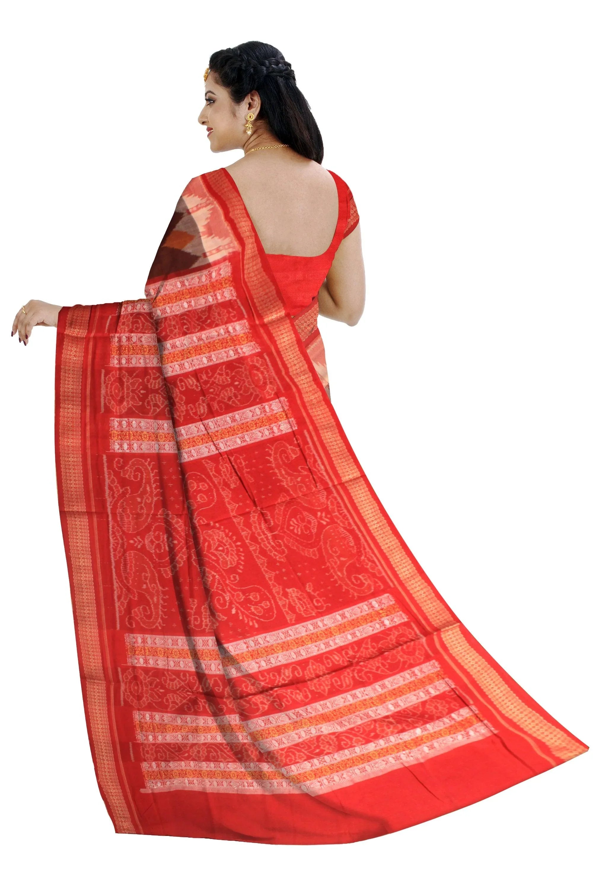 Cotton saree with flora print in brown and red. - Koshali Arts & Crafts Enterprise