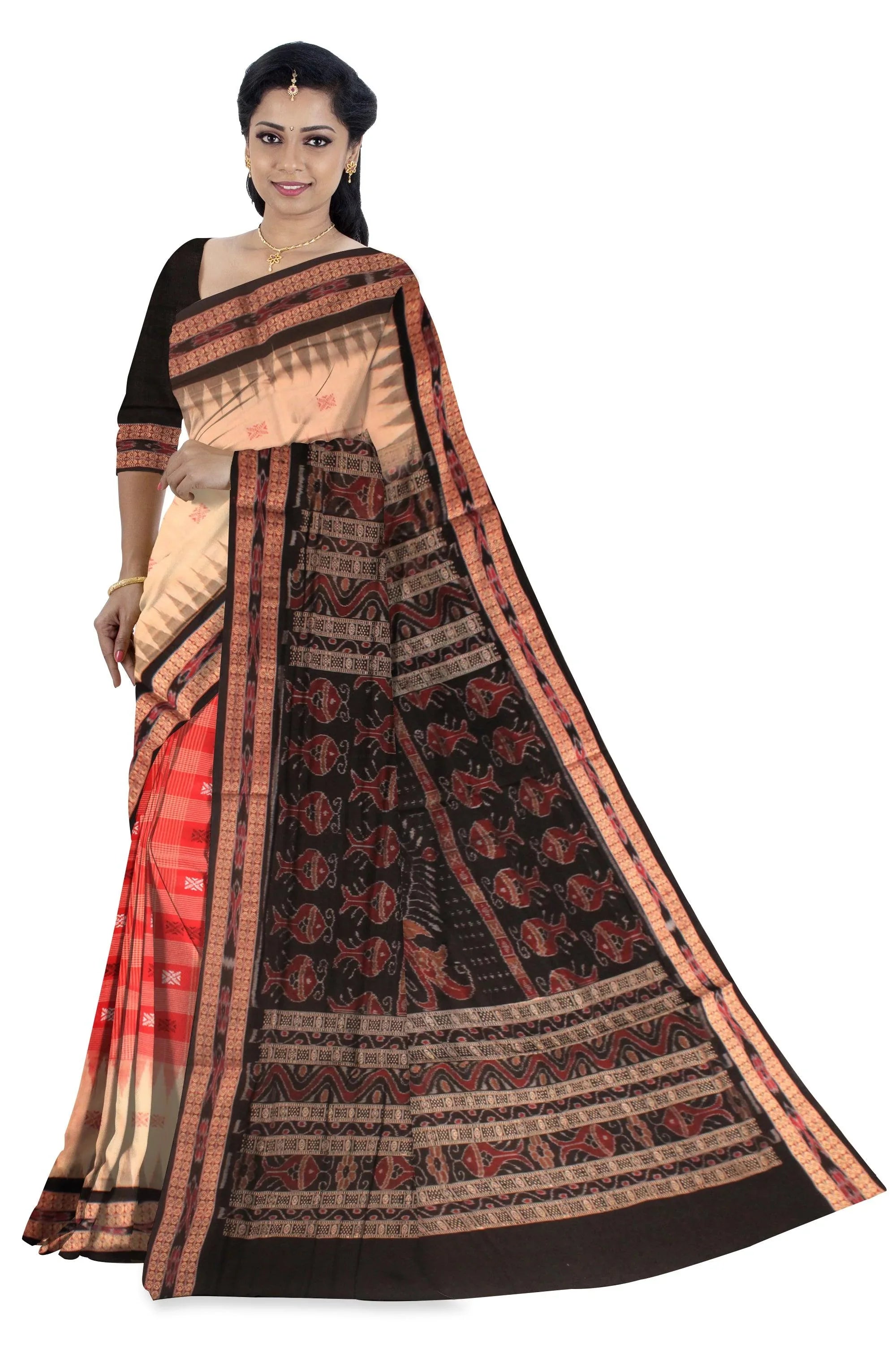 Cotton saree with fishes print in black and red with mattha color. - Koshali Arts & Crafts Enterprise