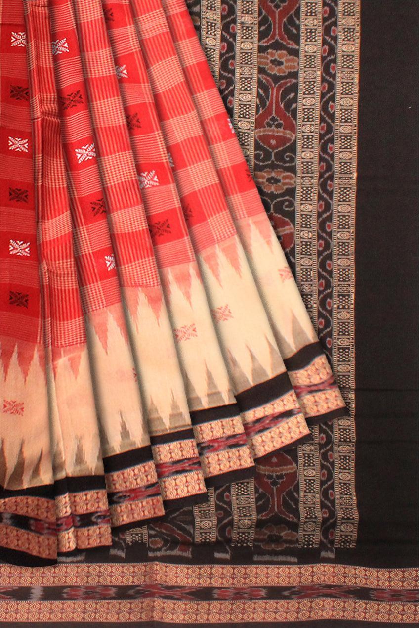 Cotton saree with fishes print in black and red with mattha color. - Koshali Arts & Crafts Enterprise