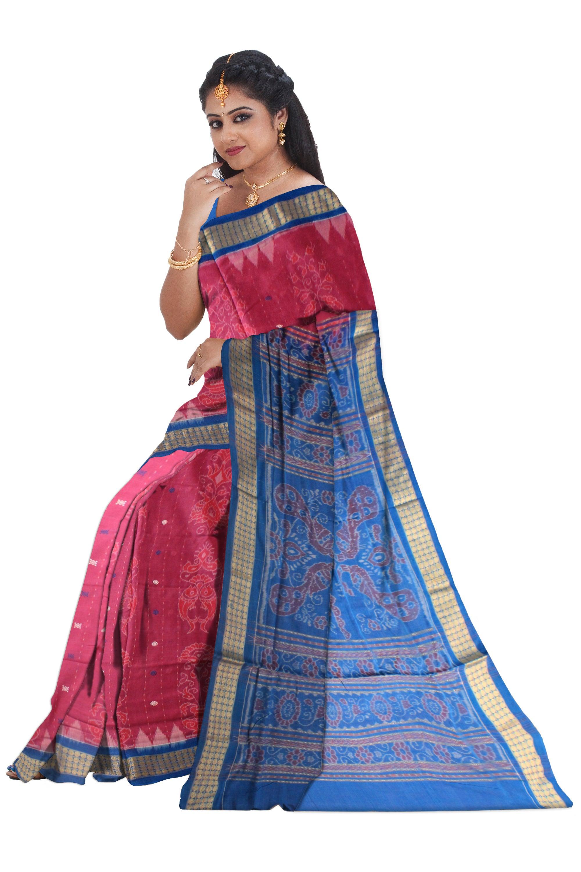 BLUE AND VIOLET RED MIX SAMBALPURI COTTON SAREE WITH BLOUSE PIECE. - Koshali Arts & Crafts Enterprise