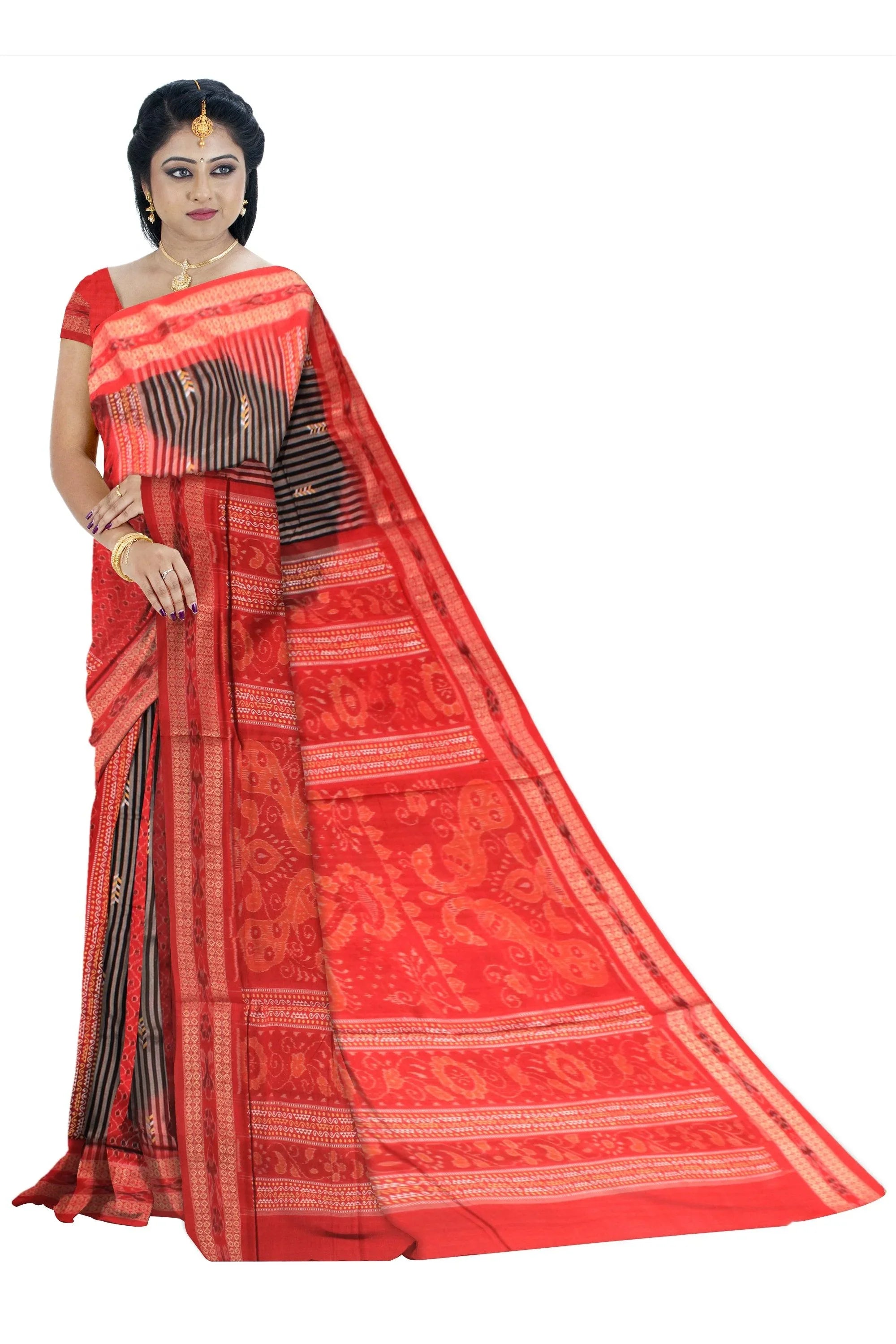 Sambalpuri Mayura print red and black color cotton saree. - Koshali Arts & Crafts Enterprise