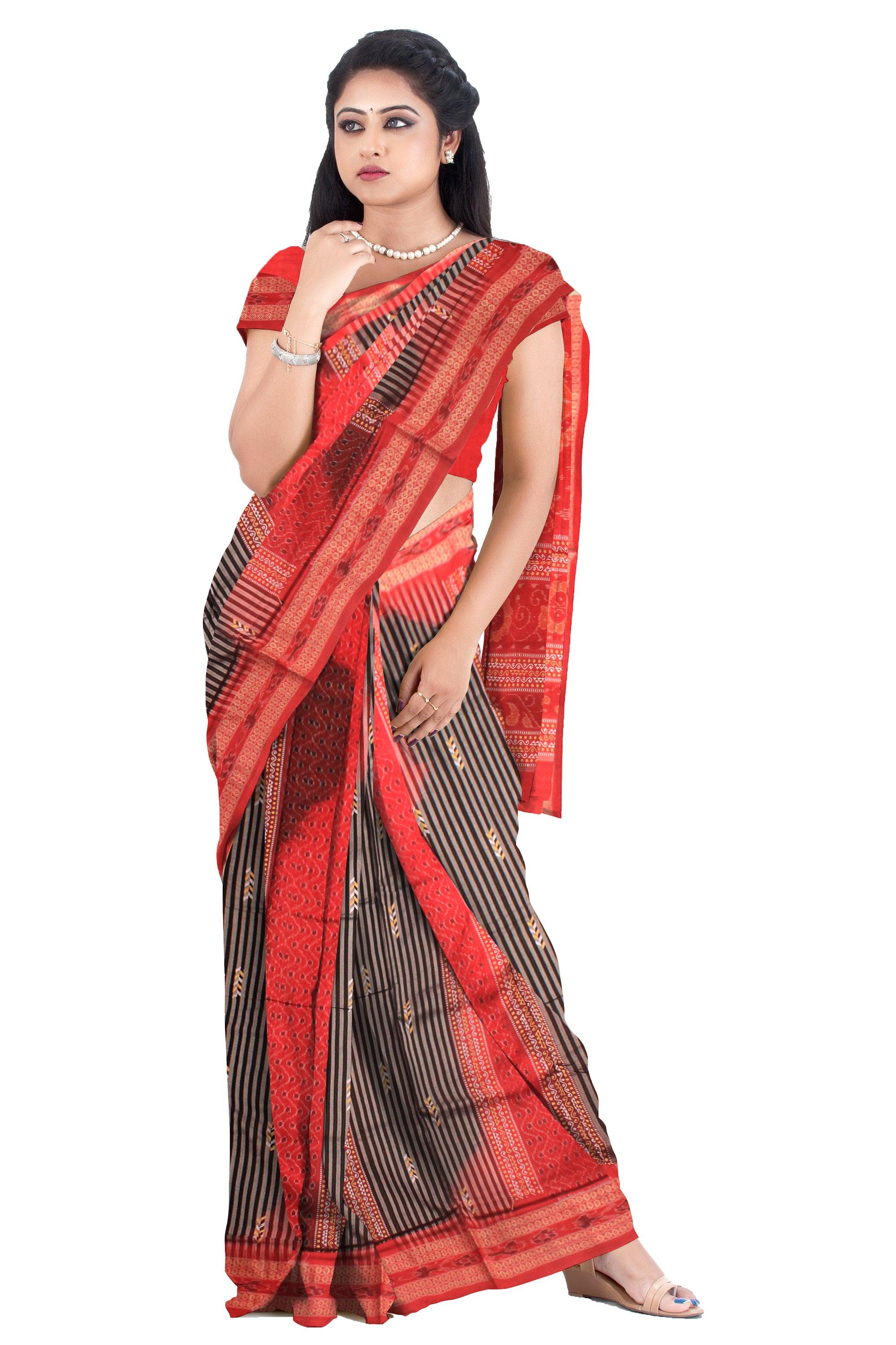 Sambalpuri MAYURA PRINT RED AND BLACK COLOR COTTON  SAREE WITH BLOUSE PIECE. - Koshali Arts & Crafts Enterprise
