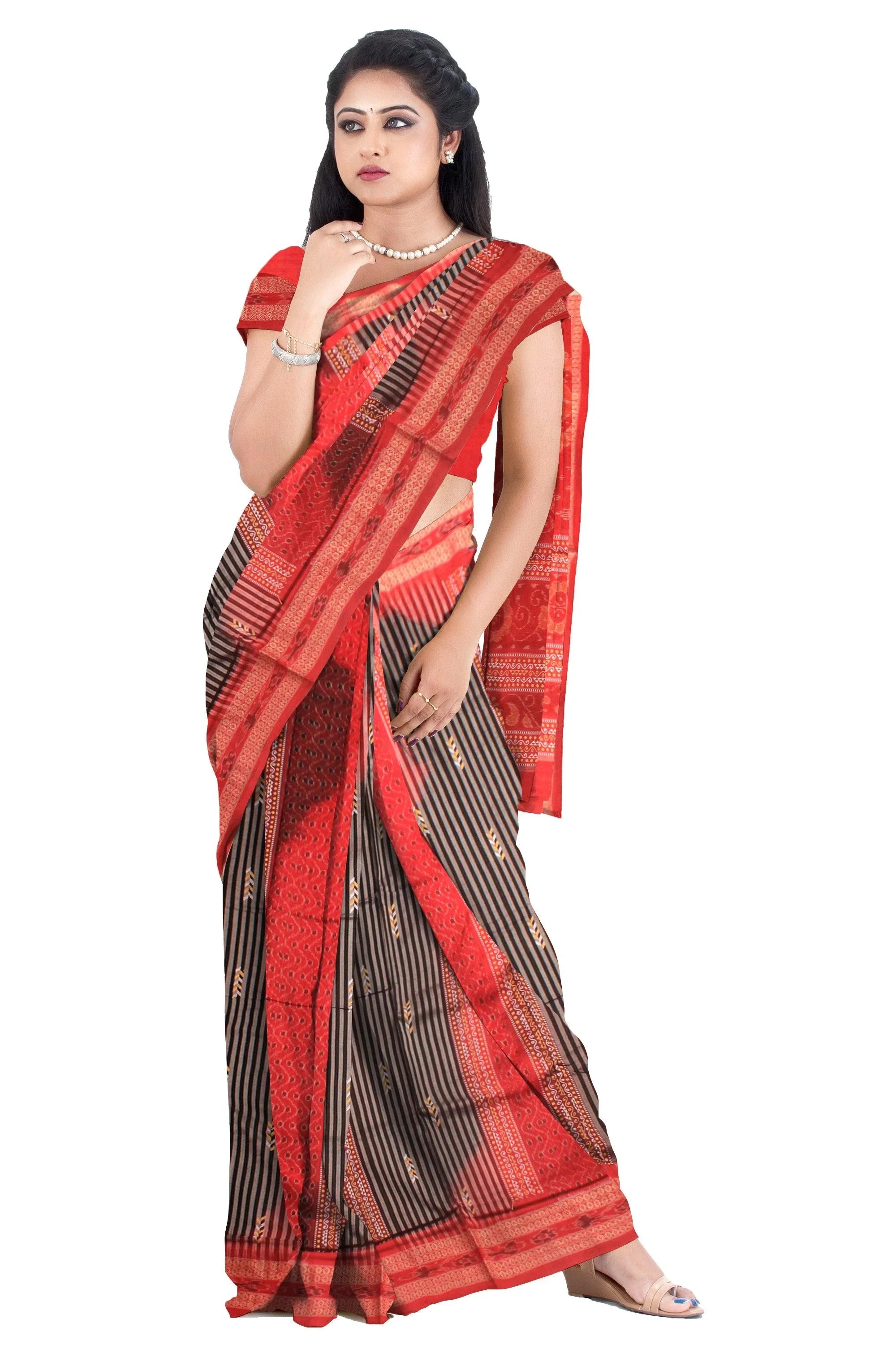 Sambalpuri Mayura print red and black color cotton saree. - Koshali Arts & Crafts Enterprise