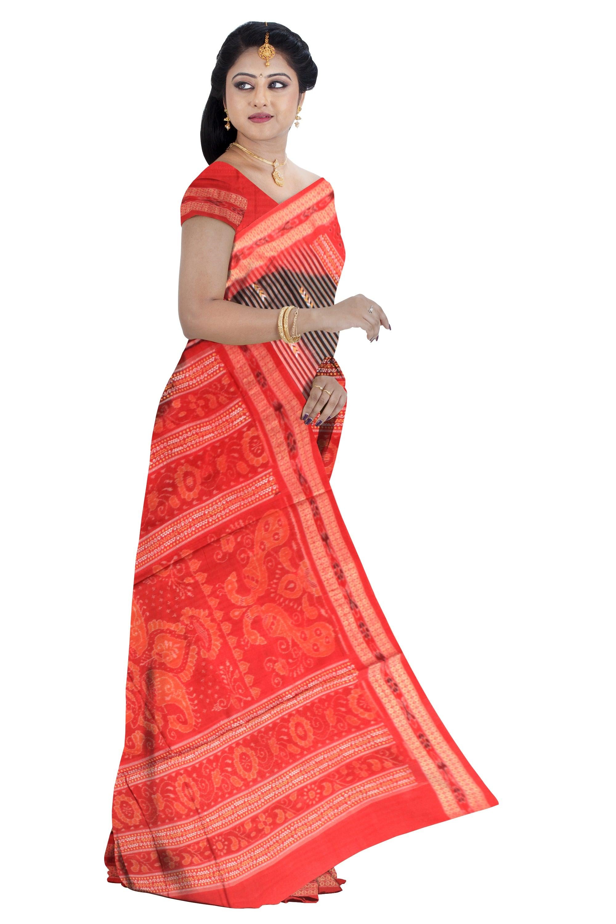 Sambalpuri MAYURA PRINT RED AND BLACK COLOR COTTON  SAREE WITH BLOUSE PIECE. - Koshali Arts & Crafts Enterprise