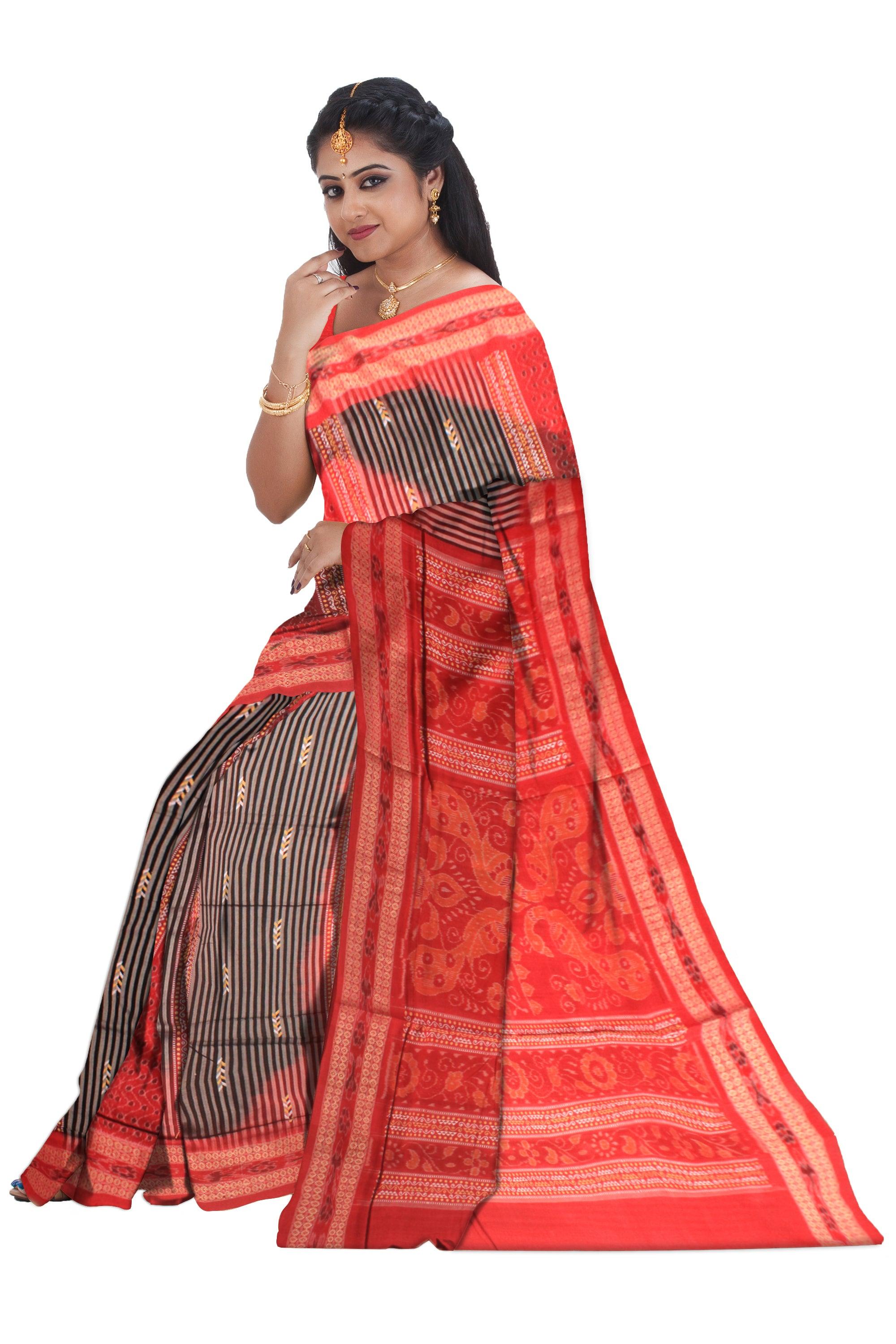 Sambalpuri MAYURA PRINT RED AND BLACK COLOR COTTON  SAREE WITH BLOUSE PIECE. - Koshali Arts & Crafts Enterprise