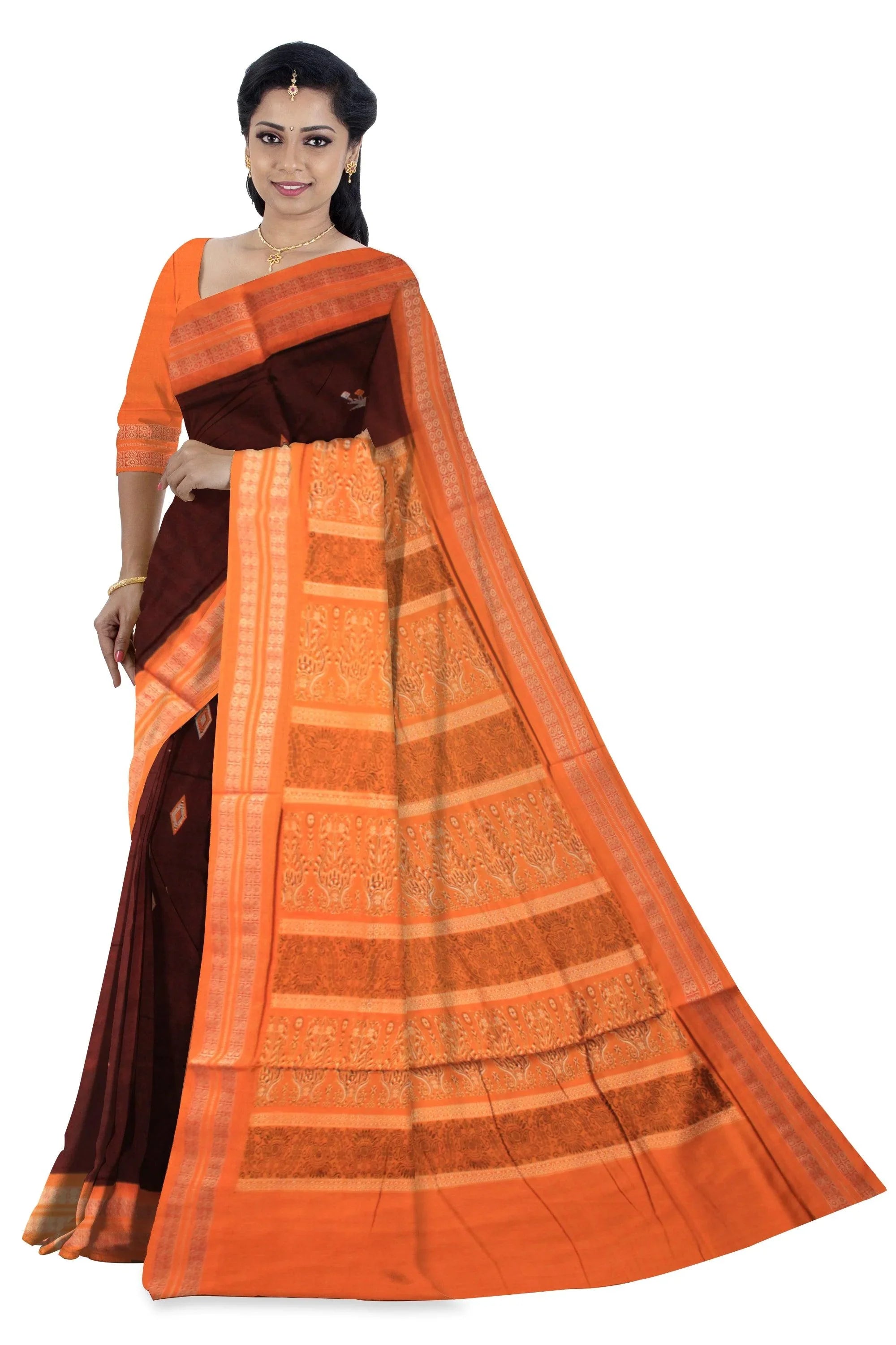 Sambalpuri handwoven saree with yellow & maroon color print in body and flora design in pallu saree. - Koshali Arts & Crafts Enterprise