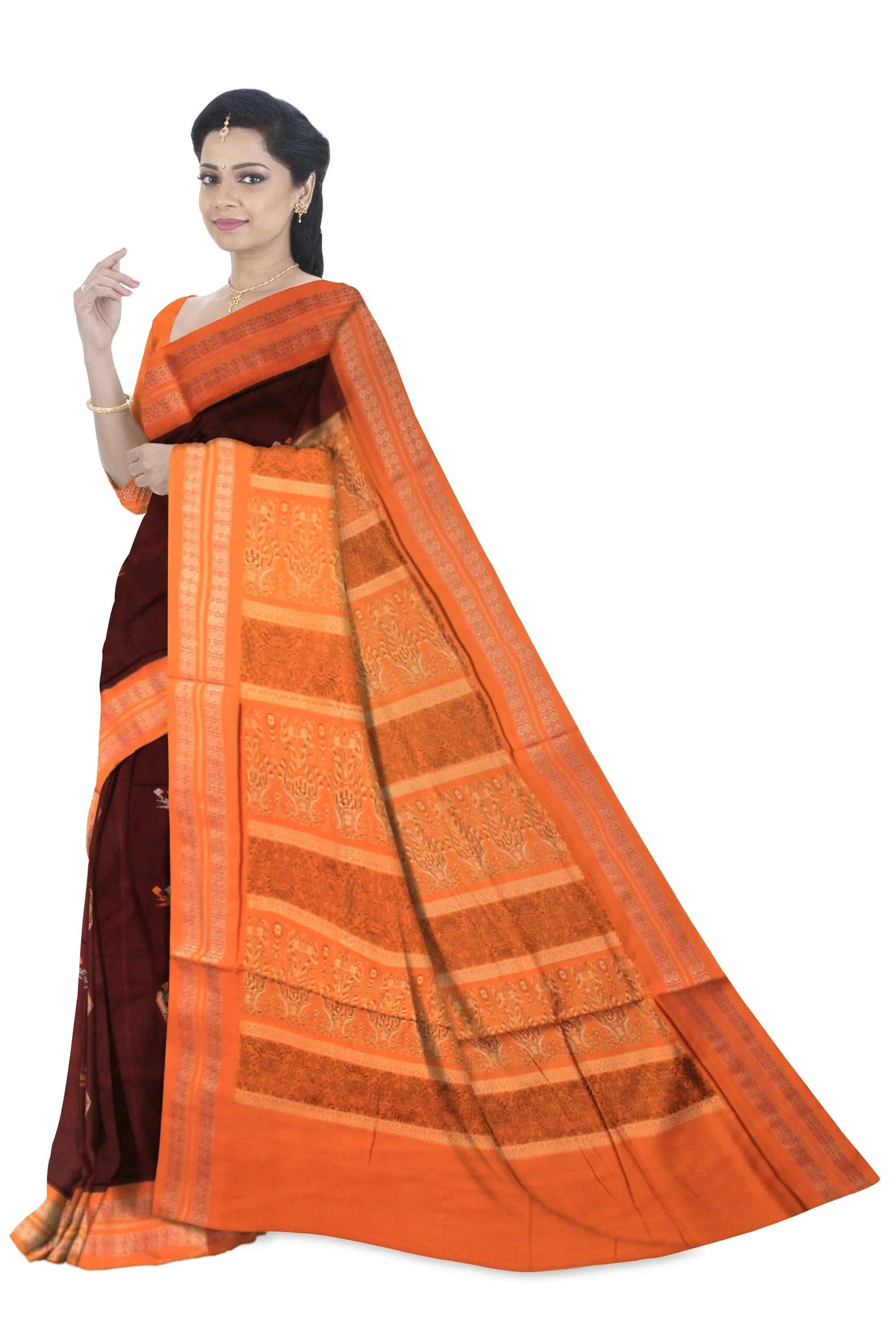 Sambalpuri handwoven saree with yellow & maroon color print in body and flora design in pallu saree. - Koshali Arts & Crafts Enterprise