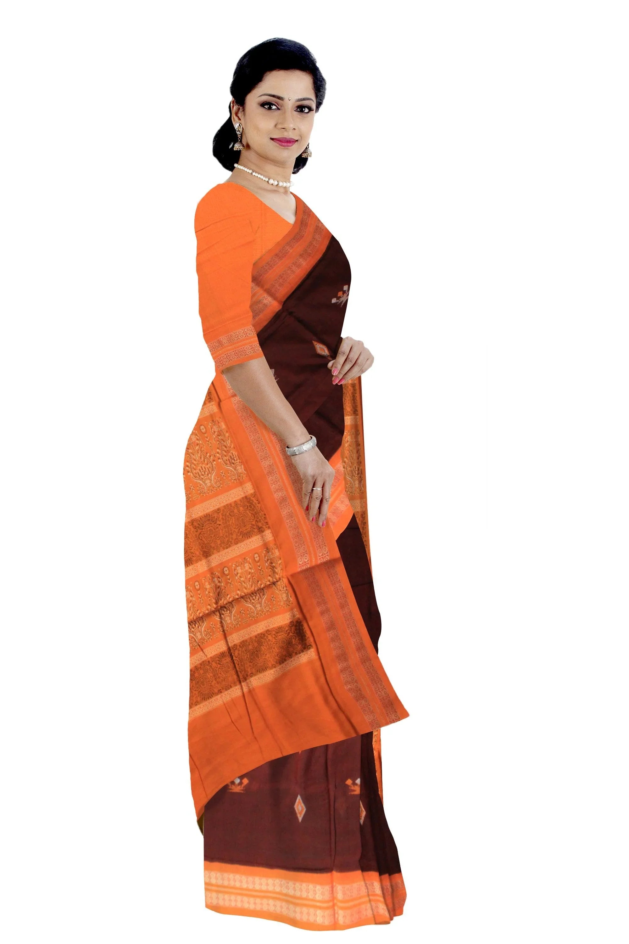 Sambalpuri handwoven saree with yellow & maroon color print in body and flora design in pallu saree. - Koshali Arts & Crafts Enterprise