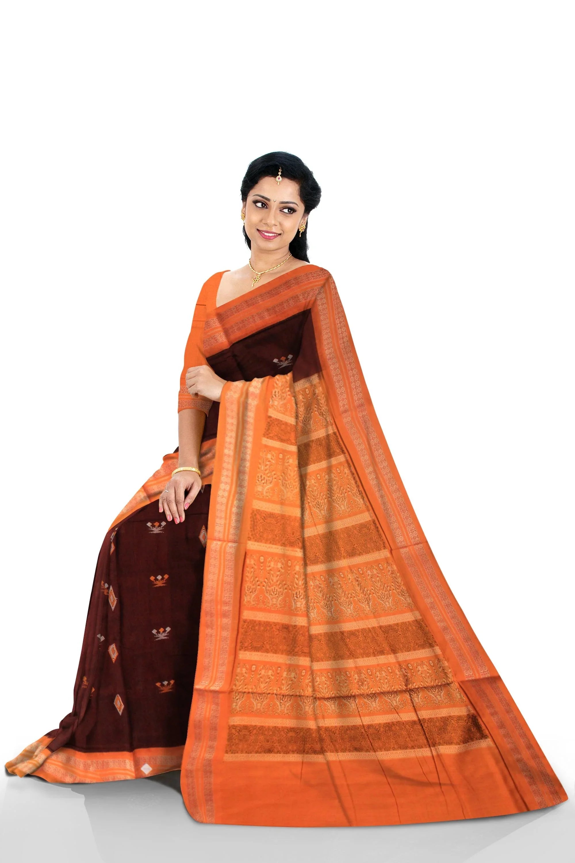 Sambalpuri handwoven saree with yellow & maroon color print in body and flora design in pallu saree. - Koshali Arts & Crafts Enterprise