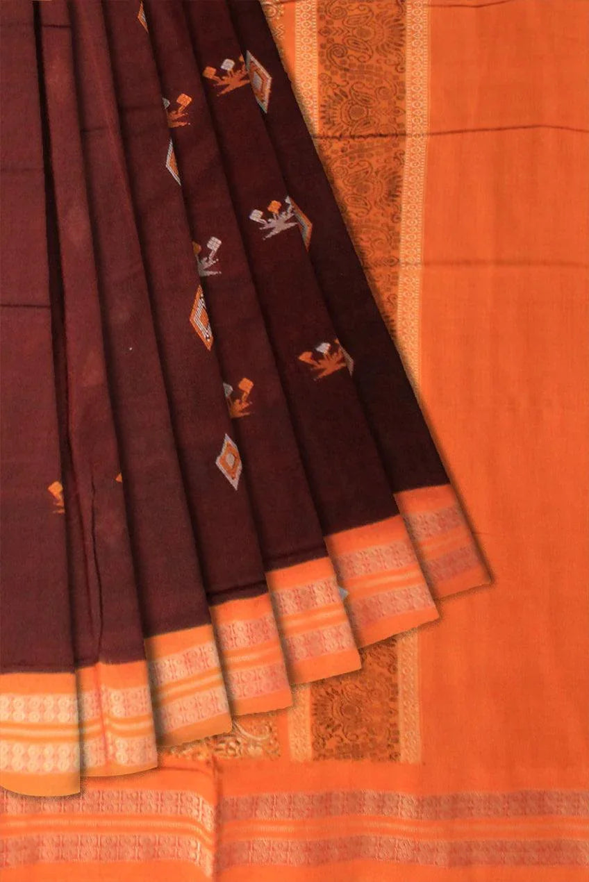 Sambalpuri handwoven saree with yellow & maroon color print in body and flora design in pallu saree. - Koshali Arts & Crafts Enterprise