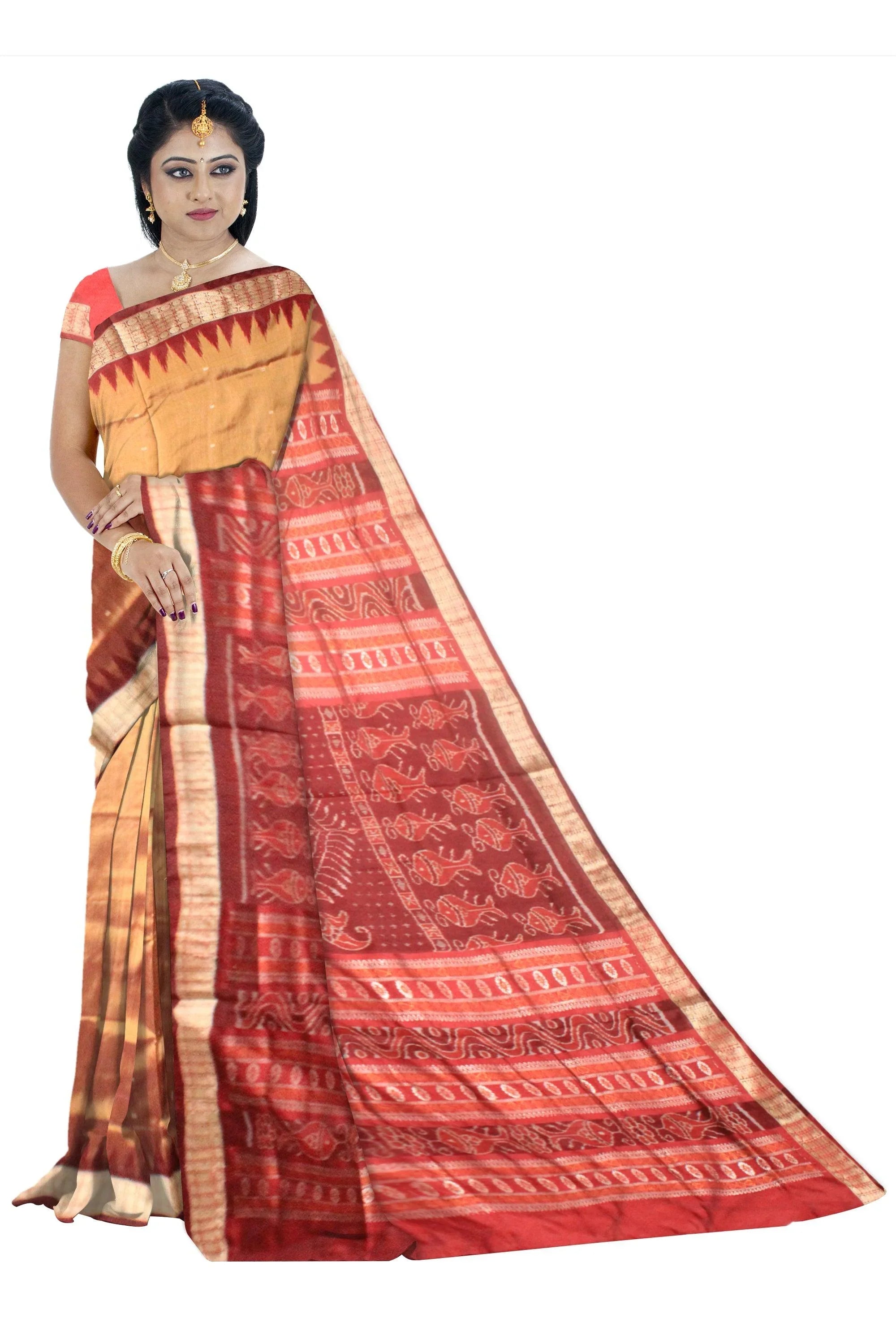 A sambalpuri pata saree in golden and maroon color base , with blouse piece. - Koshali Arts & Crafts Enterprise