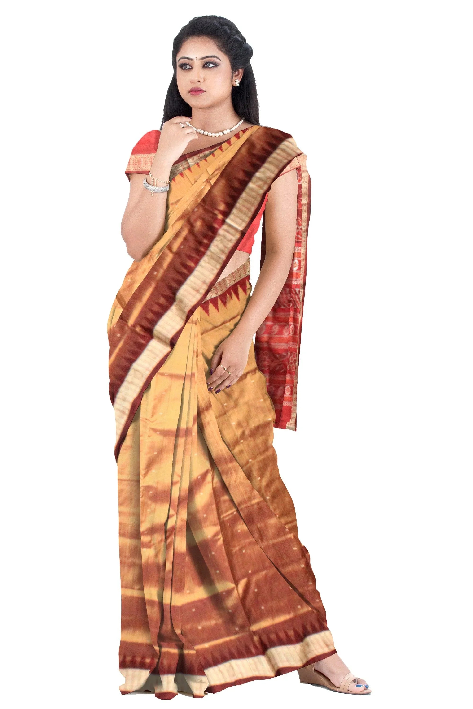 A sambalpuri pata saree in golden and maroon color base , with blouse piece. - Koshali Arts & Crafts Enterprise