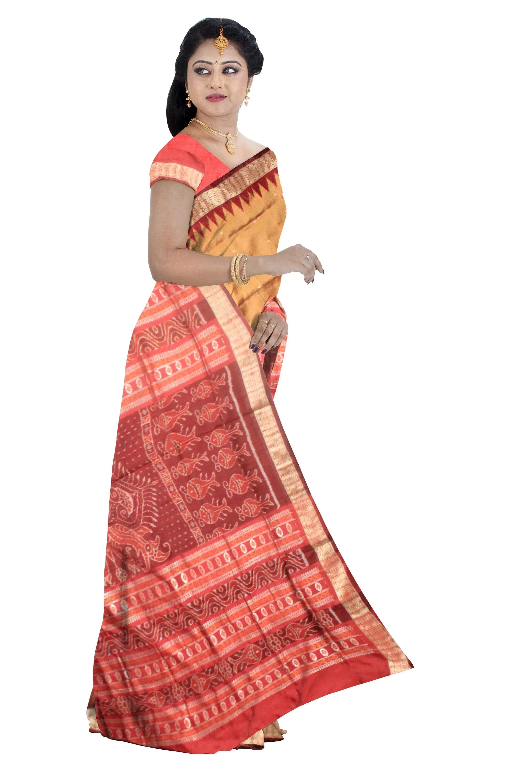 A sambalpuri pata saree in golden and maroon color base , with blouse piece. - Koshali Arts & Crafts Enterprise