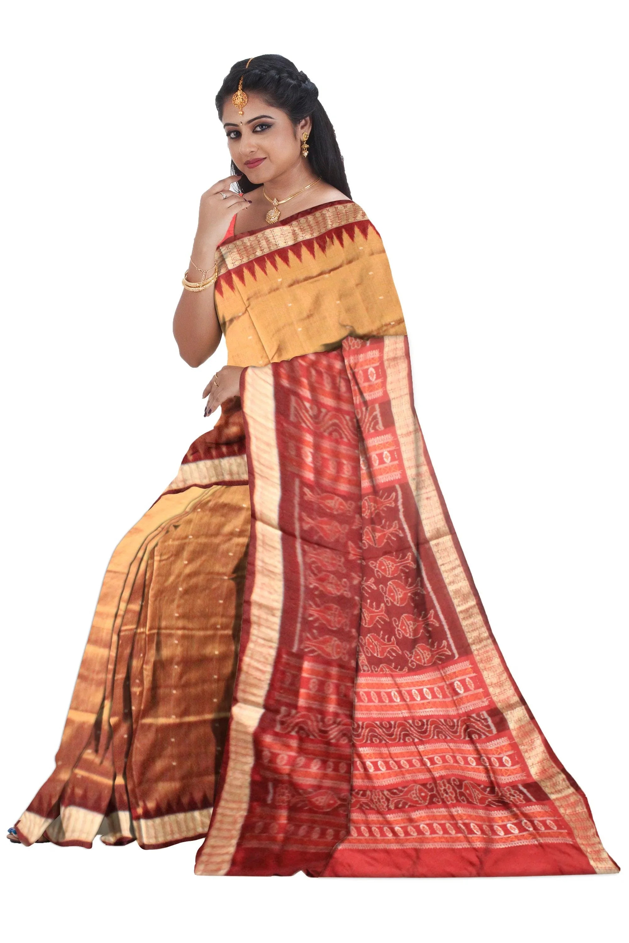 A sambalpuri pata saree in golden and maroon color base , with blouse piece. - Koshali Arts & Crafts Enterprise
